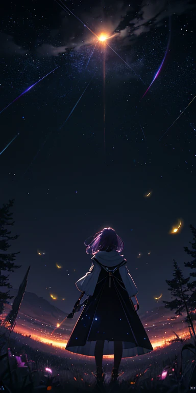 Vast landscape photo, (viewed from below, the sky is above and the open field is below), a girl standing on a flower field looking up, (full moon: 1.2), (meteor: 0.9), (nebula: 1.3), distant mountains , Trees BREAK Crafting Art, (Warm Light: 1.2), (Fireflies: 1.2), Lights, Lots of Purple and Orange, Intricate Details, Volumetric Lighting, Realism BREAK (Masterpiece: 1.2), (Best Quality), 4k, Ultra-Detailed, (Dynamic Composition: 1.4), Very Detailed, Colorful Details, (Rainbow Colors: 1.2), (Glow Lighting, Atmospheric Lighting), Dreamy, Magical, (Solo: 1.2)