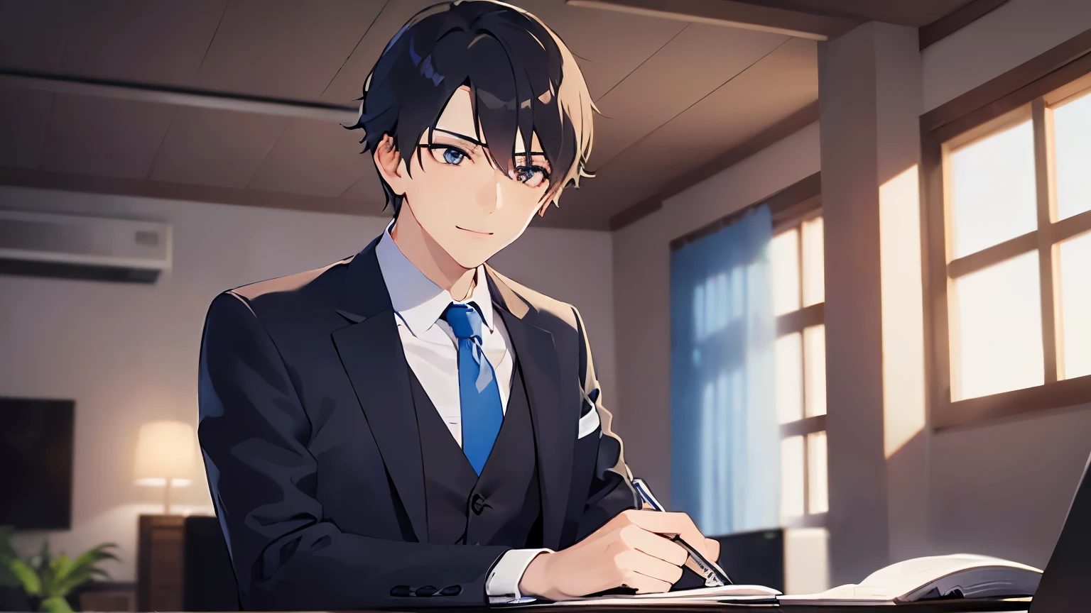 (looking away:1.5)、upper body、shiny skin, masterpiece、highest quality、(25-year-old male:1.5) and (Black short hair) and (blue eyes), (Wearing a suit:1.5) and (Blue tie)、Sitting、smile, The background is inside office room、alone、