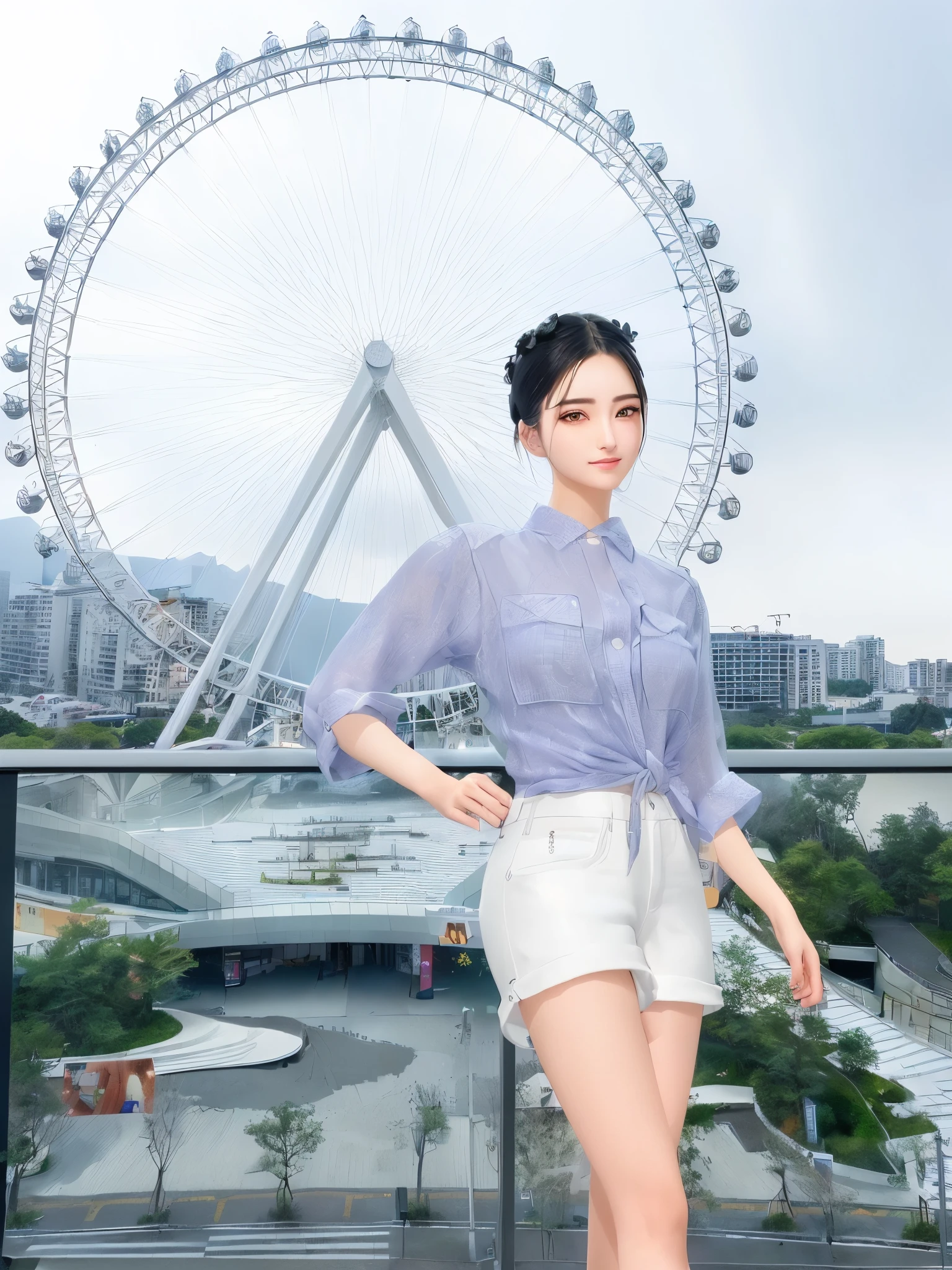(best quality),(masterpiece),high details,extremely_detailed_CG_unity_8k_wallpaper,Ms Arafat poses for a photo in white shorts and a purple shirt, Sakimichan Institute of Human Development, Realistic clothing, Korean female fashion models, one, live2d virtual youtuber model, Realistic clothing, 3d graphic, 3D CG, Highly detailed shots of the giantess, Shopping mall background, Popular on cgstation, Casual posture