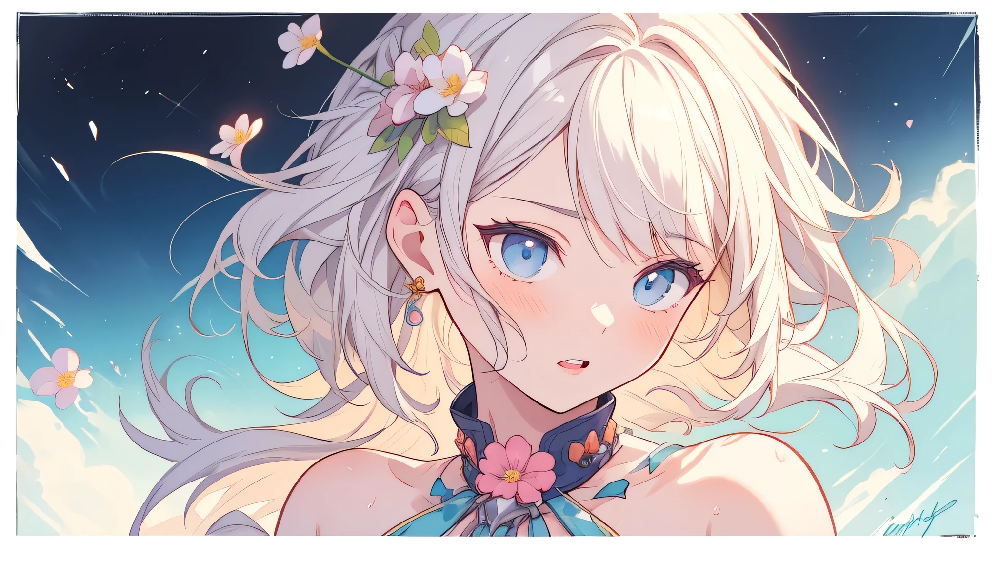 solo, a girl with pastel hair and a complementary colored dress with flowers around her neck and shoulder, with a flowers in her hair, two-tone hair, Charlie Bowater, stanley artgerm lau, a character portrait, fantasy art, (cartoon:1.3), looking away, image size 16:9
