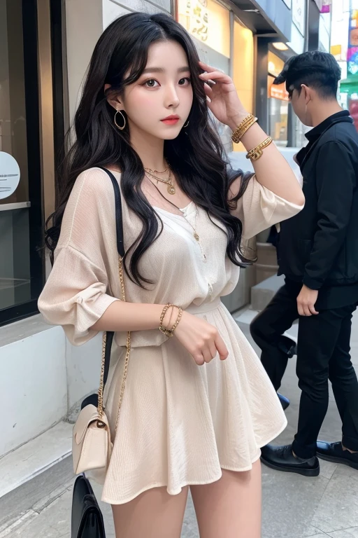 A Korean woman with dark wavy hair dressed in a coquettish outfit and accessories such as bracelet and necklaces