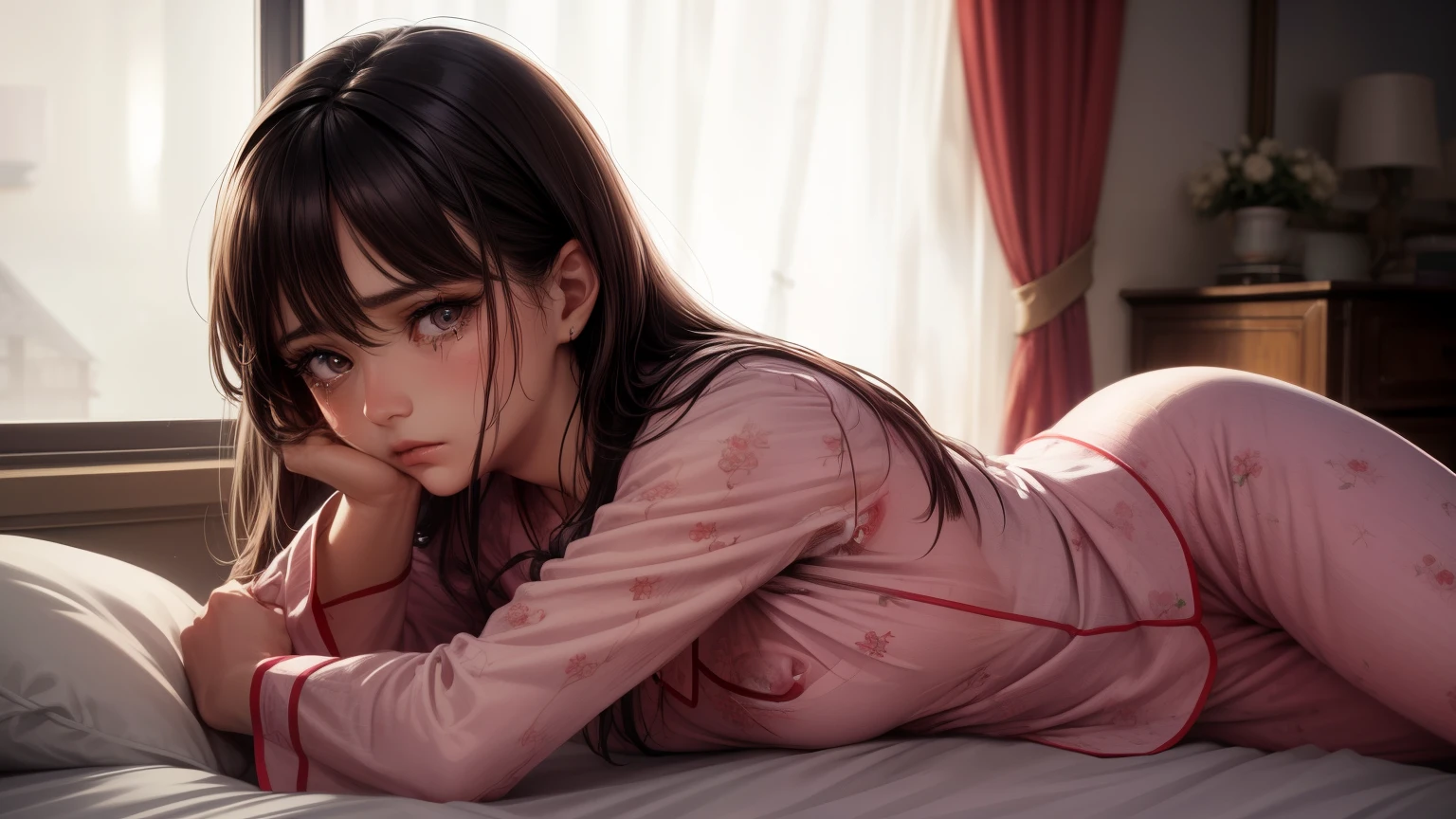(1 girl), brown eyes, (highly detailed eyes, highly detailed face), (Too realistic, hight resolution), (best quality:1.4), (high , Needle-colored pajamas:1.2), model, charming, sublime, In the old bedroom, on the bed, moon at window, alone, Tears in her eyes, beard, cry