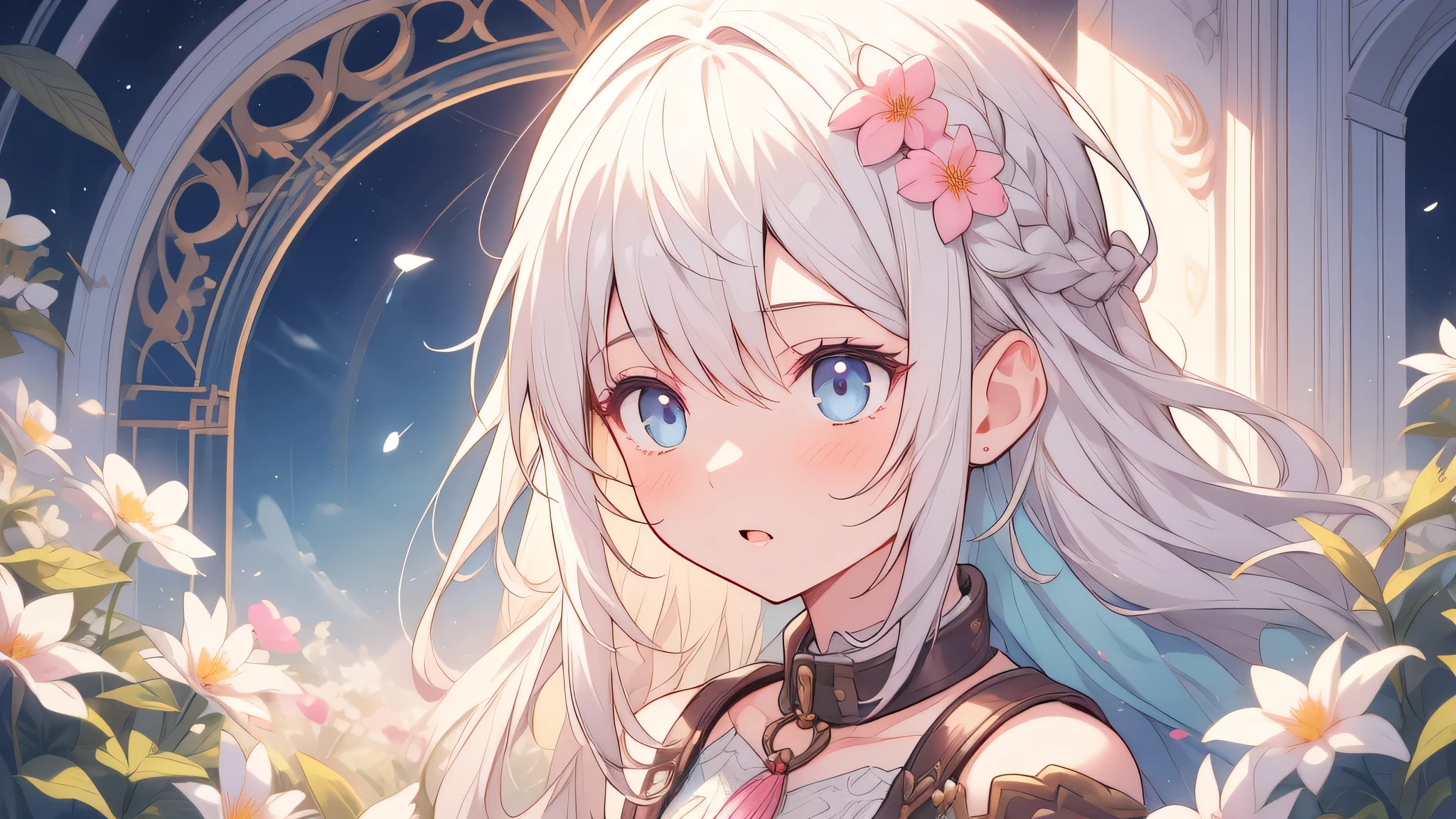 solo, a girl with pastel hair and a complementary colored dress with flowers around her neck and shoulder, with a flowers in her hair, two-tone hair, Charlie Bowater, stanley artgerm lau, a character portrait, fantasy art, (cartoon:1.3), looking away, image size 16:9
