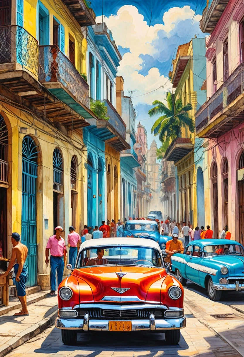 (Tyndall Effect Art of Cuba Art of Havana Canvas of Cuban art Print of Havana Havana:1.5), by Piotr Jabonski,((beautiful old car with its back to the camera:1.5, in the background Colombian bar tables and chairs with people , warmth, happy atmosphere)), seen from behind, rear, best quality, masterpiece, Representative work, official art, Professional, Ultra intricate detailed, 8K