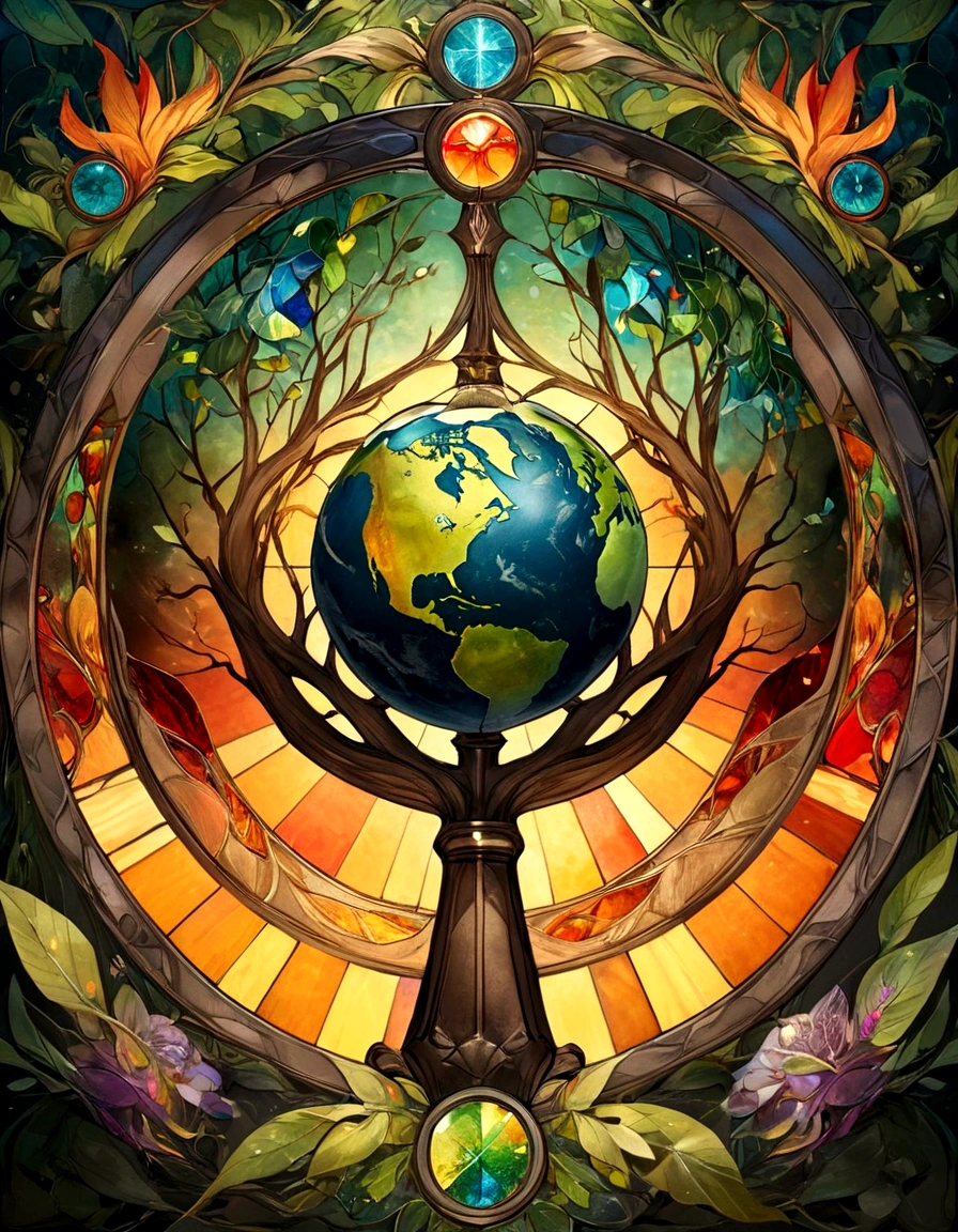 Create a series of images for the element fire inspired by the aesthetics of a detailed stained glass window with defined lines and vivid colors as fantasy. Each image should reflect the characteristics of the corresponding element, using an appropriate color palette. The element of earth Dark greens, browns, ochers and earth tones. Incorporate earth and rock elements, with sturdy leaves and branch details. Some symbol or object such as a hammer or staff with an earth motif.