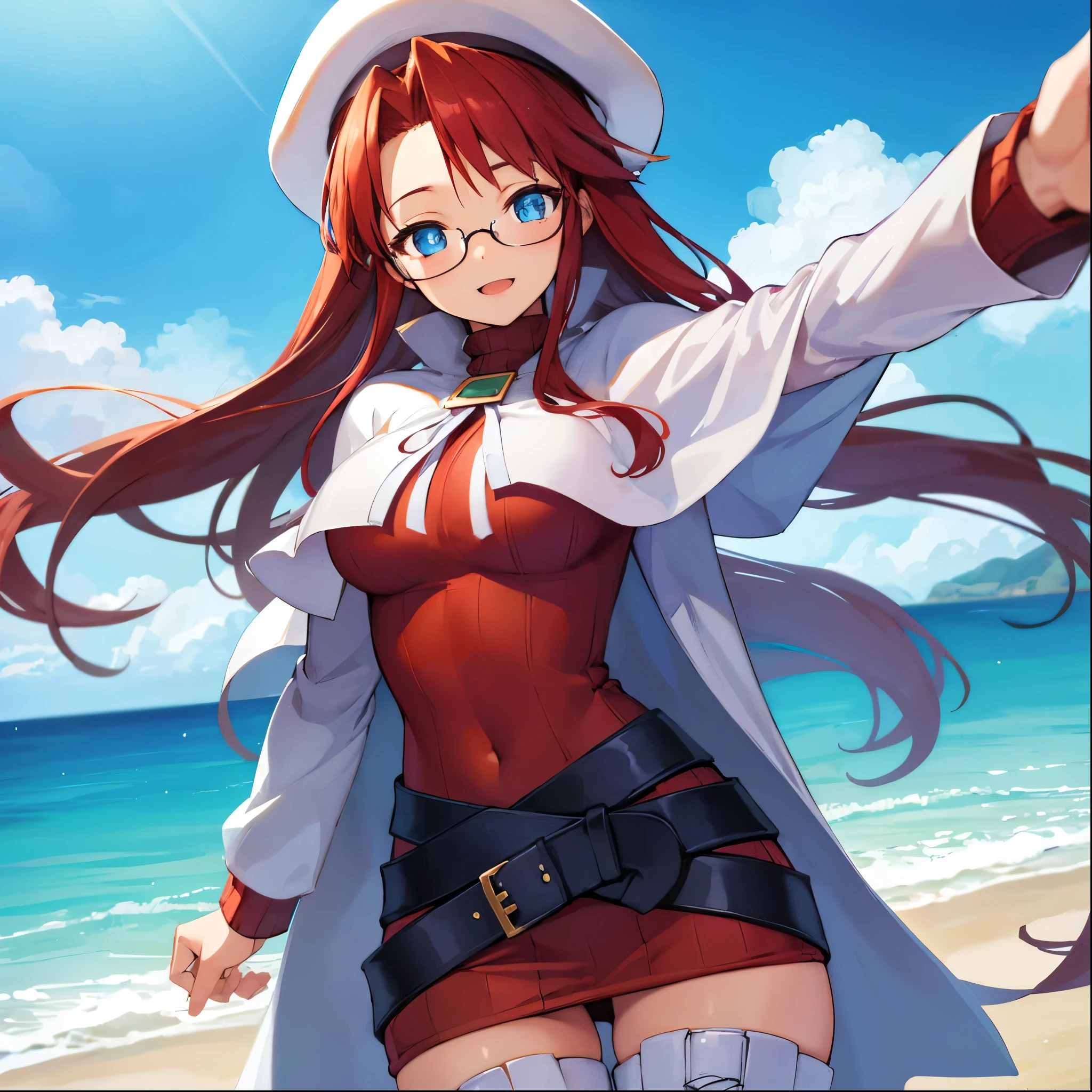 summonnightaty, aty, (young:1.3),long hair, blue eyes, red hair, big_tits, hat, glasses,
BREAK long hair, thighhighs, hat, dress, naked_legs, glasses, belt, cape, sweater, zettai ryouiki, beret, thigh boots, white footwear, ribbed sweater, loose belt,solo,
BREAK outdoors, fantasy,on_beach,
,Highquality_hads,perfect_fingers,
BREAK (masterpiece:1.2), best quality, high resolution, unity 8k wallpaper, (illustration:0.8), (beautiful detailed eyes:1.6), extremely detailed face, perfect lighting, extremely detailed CG, (perfect hands, perfect anatomy),covered_nipples,covered_navel ,half_eyes,long_sword,sleepy,red_sweater,apart_knees,magical_effect,spread_legs, have_a_book,teacher,rise_knee,Smile,rise_hand,look_down_viewer,spread_arms,sea_waves,looking_into,blue_sky,plump,open_mouth, dynamic_posing,solo,selfie