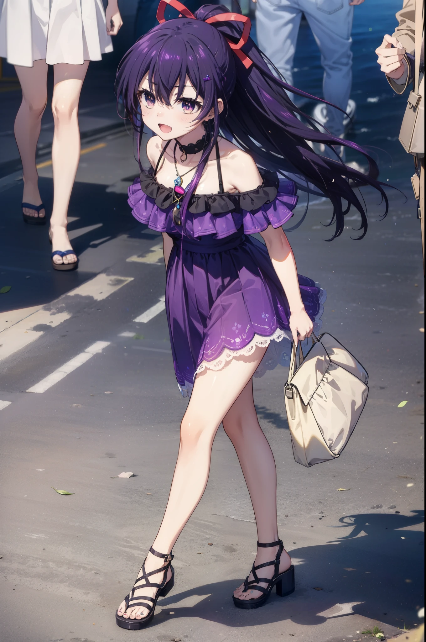 Toka Yatogami, Yatogami Tohka Casual, Long Hair, Purple Hair, dress, ribbon, (Purple eyes:1.1)
happy smile, smile, Open your mouth,, hair ribbon, ponytail, Purple Hair, Off-the-shoulder dress,Bare shoulders,bare clavicle,Bare neck,Locket Necklace,Long skirt,Cute Sandals,walking,whole bodyがイラストに入るように,walking,
break outdoors,Coastal Road,people々, crowd,
break looking at viewer, whole body,
break (masterpiece:1.2), highest quality, High resolution, unity 8k wallpaper, (figure:0.8), (Beautiful fine details:1.6), Highly detailed face, Perfect lighting, Highly detailed CG, (Perfect hands, Perfect Anatomy),