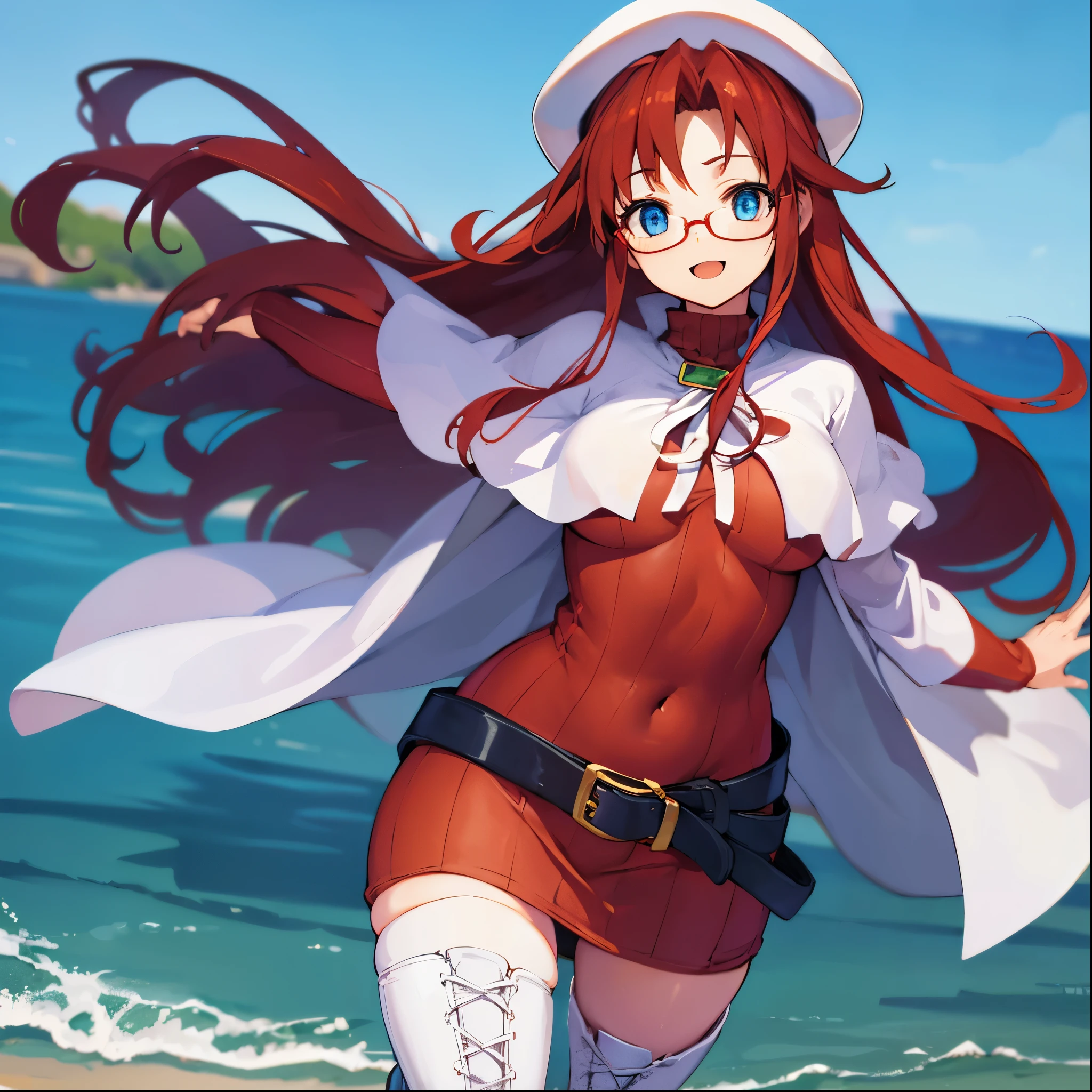 summonnightaty, aty, (young:1.3),long hair, blue eyes, red hair, big_tits, hat, glasses,
BREAK long hair, thighhighs, hat, dress, naked_legs, glasses, belt, cape, sweater, zettai ryouiki, beret, thigh boots, white footwear, ribbed sweater, loose belt,solo,
BREAK outdoors, fantasy,on_beach,
,Highquality_hads,perfect_fingers,
BREAK (masterpiece:1.2), best quality, high resolution, unity 8k wallpaper, (illustration:0.8), (beautiful detailed eyes:1.6), extremely detailed face, perfect lighting, extremely detailed CG, (perfect hands, perfect anatomy),covered_nipples,covered_navel ,half_eyes,long_sword,sleepy,red_sweater,apart_knees,magical_effect,spread_legs, have_a_book,teacher,rise_knee,Smile,rise_hand,look_down_viewer,spread_arms,sea​_waves,looking_into,blue_sky,plump,open_mouth, dynamic_posing,solo,selfie