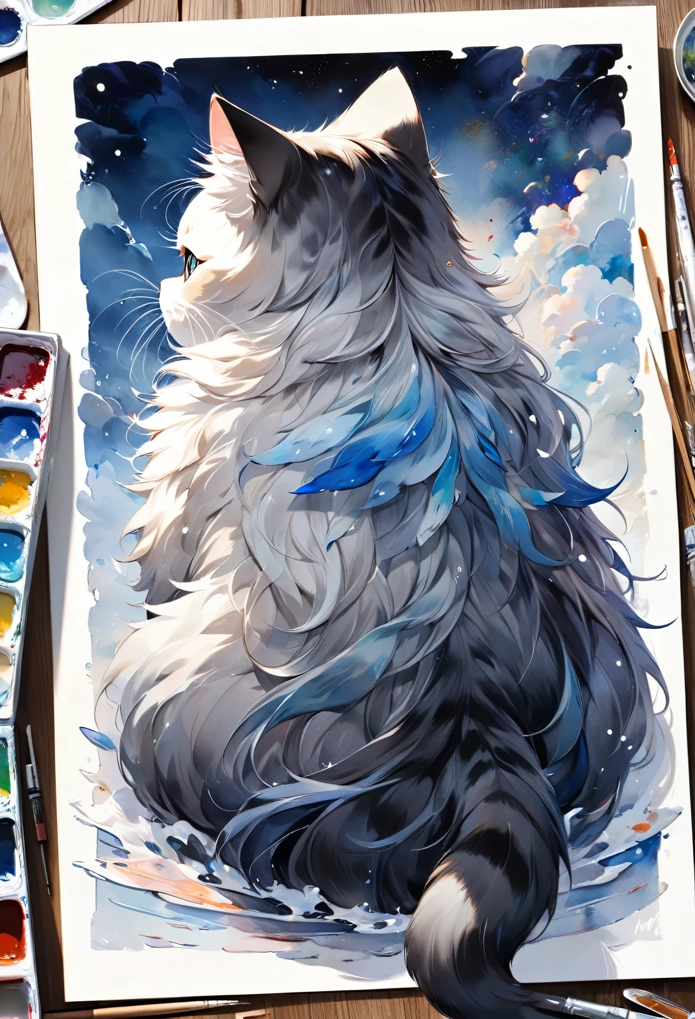 best quality, super fine, 16k, incredibly absurdres, extremely detailed, 2.5D, delicate and dynamic, fusion of watercolors and oil paintings, the back view of fluffy cat with melancholy feel