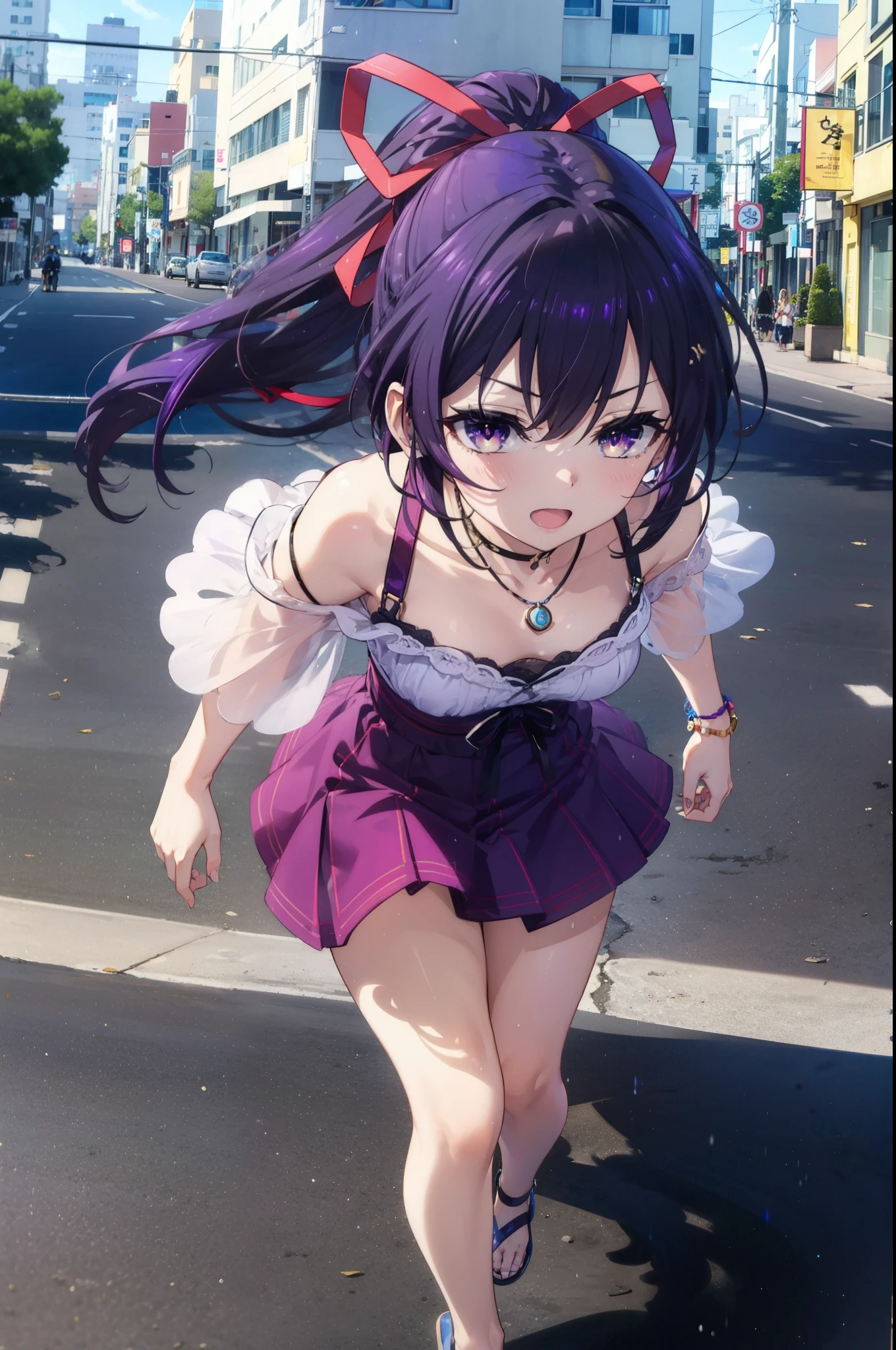 Toka Yatogami, Yatogami Tohka Casual, Long Hair, Purple Hair, dress, ribbon, (Purple eyes:1.1)
happy smile, smile, Open your mouth,, hair ribbon, ponytail, Purple Hair, Off-the-shoulder dress,Bare shoulders,bare clavicle,Bare neck,Locket Necklace,Long skirt,Cute Sandals,walking,whole bodyがイラストに入るように,walking,
break outdoors,Coastal Road,people々, crowd,
break looking at viewer, whole body,
break (masterpiece:1.2), highest quality, High resolution, unity 8k wallpaper, (figure:0.8), (Beautiful fine details:1.6), Highly detailed face, Perfect lighting, Highly detailed CG, (Perfect hands, Perfect Anatomy),