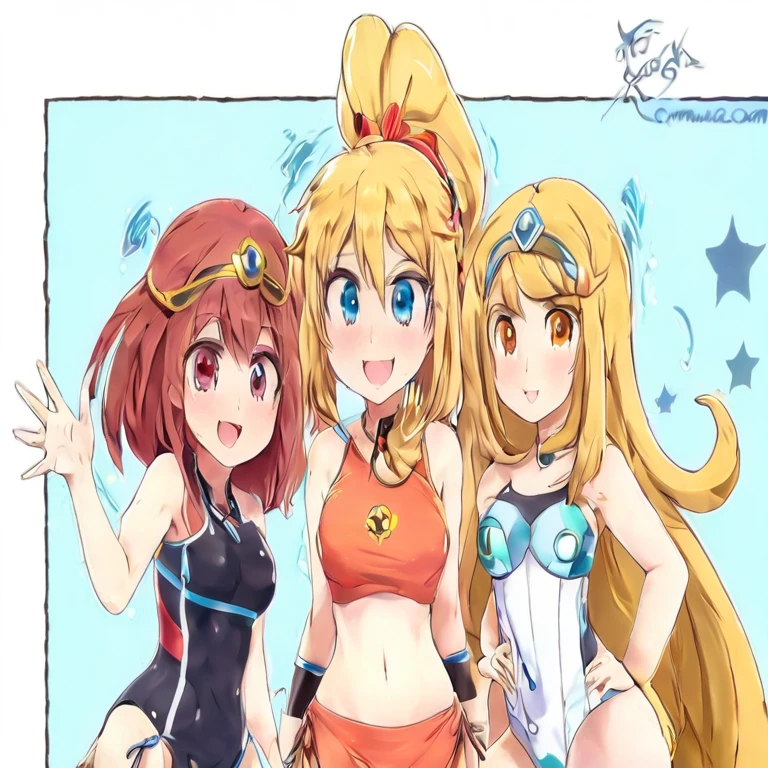 tres chicas anime en bikini y una apunta a algo, konosuba anime style, armadura de bikini, wears a bathing suit, armadura-bikini, estilo anime ecchi, traje asuka debajo de la ropa!, cushart kenz, commission for, in the art style of 80s anime, dos colas, konosuba, cute cyber gods