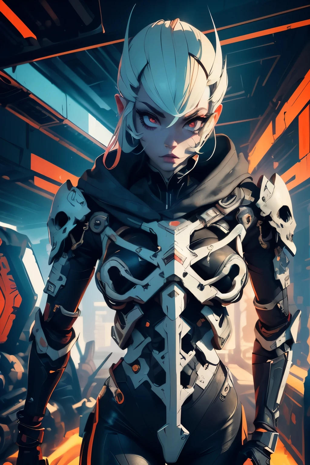 (((mulher))), (((melhor qualidade))), (((obra prima))), (((adulto))), (((1girl))), ((( corte de cabelo bob ))), A highly detailed and realistic skull girl,( Anya. Taylor Joy) cyberpunk character, mad max furiosa, one hand robot, cyborg arm, orange hair, dramatic metal heavy rock theme, best quality, 8k, hyperrealistic, photorealistic, extreme detailed painting, studio lighting, vivid colors, dark moody atmosphere, cinematic, dramatic pose, intricate mechanical details, glowing energy effects, intense gritty textures, seamless integration of organic and inorganic elements. Wearing the used clothes of a wastelander. Background: An apocalyptic wasteland. Dusty and depressing., sexy pose, walking