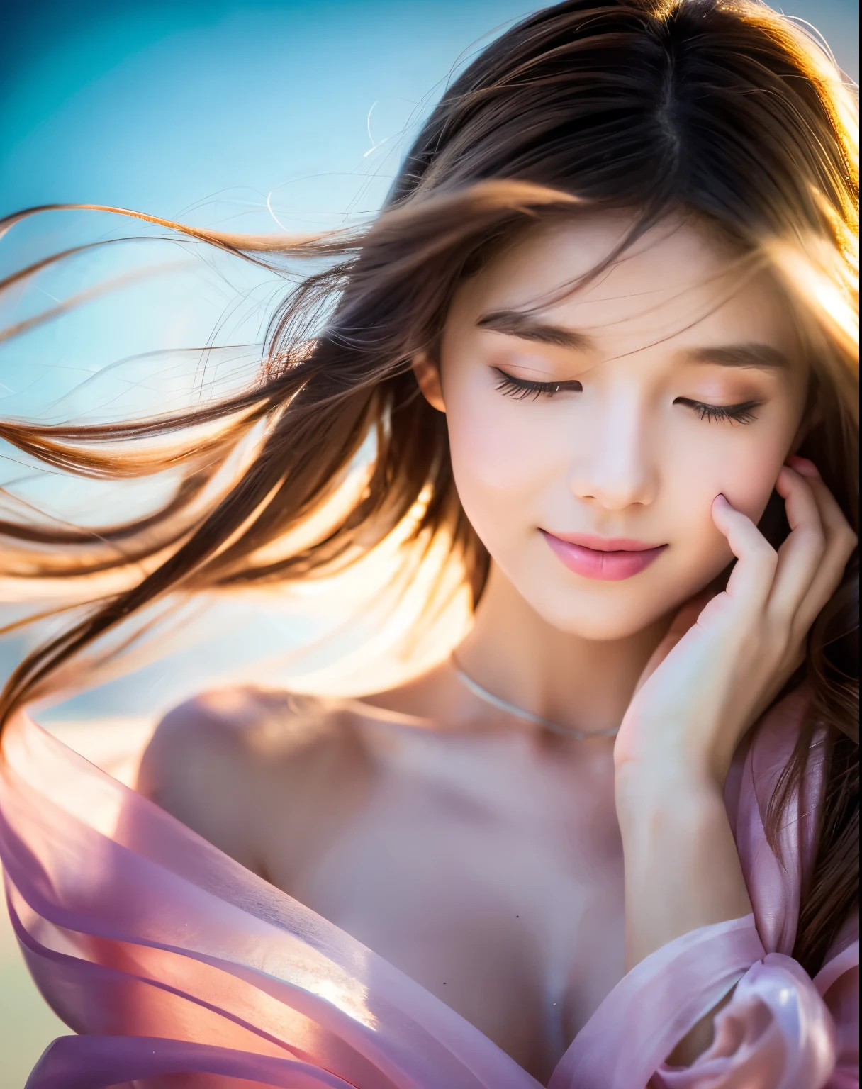 (highest quality, 32k, High resolution, masterpiece:1.5,), Haunting fantasy portrait in abstract style, ((In a swirl of fantastic pastel colors and soft light)), Evoking a sense of soothing tranquility and elusive beauty, Award-winning masterpiece with amazing details, cute japanese woman, 14 years old, perfect human anatomy, big magical eyes, gentle smile, ((Shiny detailed brown hair)), Long straight hair tousled by the wind, Beautiful asymmetrical bangs, hair between eyes, smooth and soft skin, thin eyebrows, clear double eyelids, Attractive pink lips, ((naked, Wrap your body in a transparent silk cloth)), High resolution perfect collarbone, High resolution beautiful bust, Slender body with plump breasts, ((Colorful sparkling light effects:1.3)), summer blue sea, The blue, sparkling water surface reflecting light, bright sunshine, professional lighting, professional photographer, Professional models,mysterious