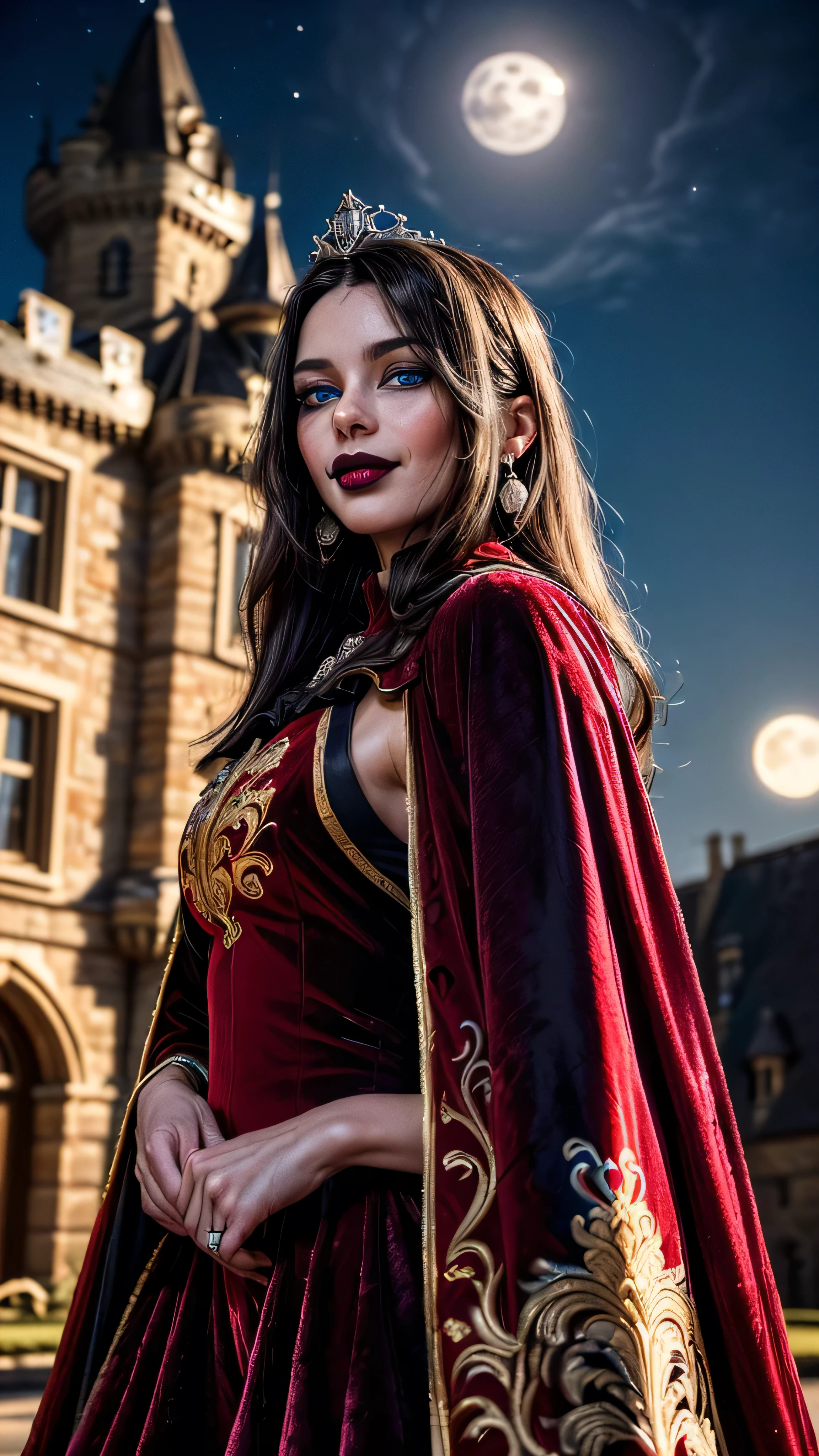 ((best quality: 1.5, intricate:1.3, masterpiece, photorealistic:1.4)), sharp focus, professional, real life, realistic representation of the face, ((detailed, athletic, suntan, ((((maroon velvet cape) chinoiserie renaissance ball gown, portrait)), queen, black chrome tiara, silver, onyx necklace, onyx earrings, humid ((supermodel))), makeup: 0.7, glowing iceblue eyes, long straight hair [bright ginger hair:black hair:0.4], smirking, smirk, shadows, black lips, outdoors, faraway castle, dark, night, moonlight)), professional lighting, photon mapping, radiosity, physically based rendering, ultra resolution, hyper-realistic, hyper-realistic, 8K

