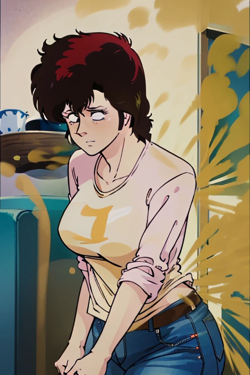 HD, high quality, high resolution, ultrahd,Kaori Makimura, 1female, wearing default outfit, light pink shirt, white coat over tshirt, jeans, default hair, brown hair, very tall body, thin body, massive fart, yellow smoke, wide eyes, leaning, embarrassed, clenching teeth, alone in a room