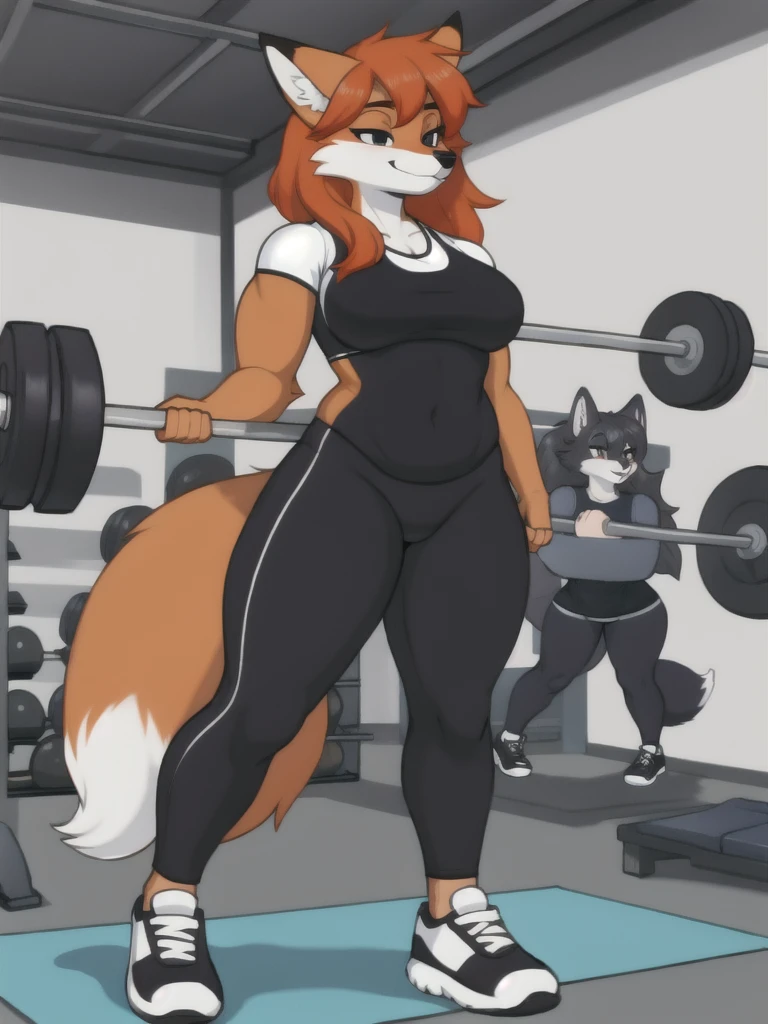 Furry, fox, female, white shirt, black leggings, shoes, gym, teen, full body