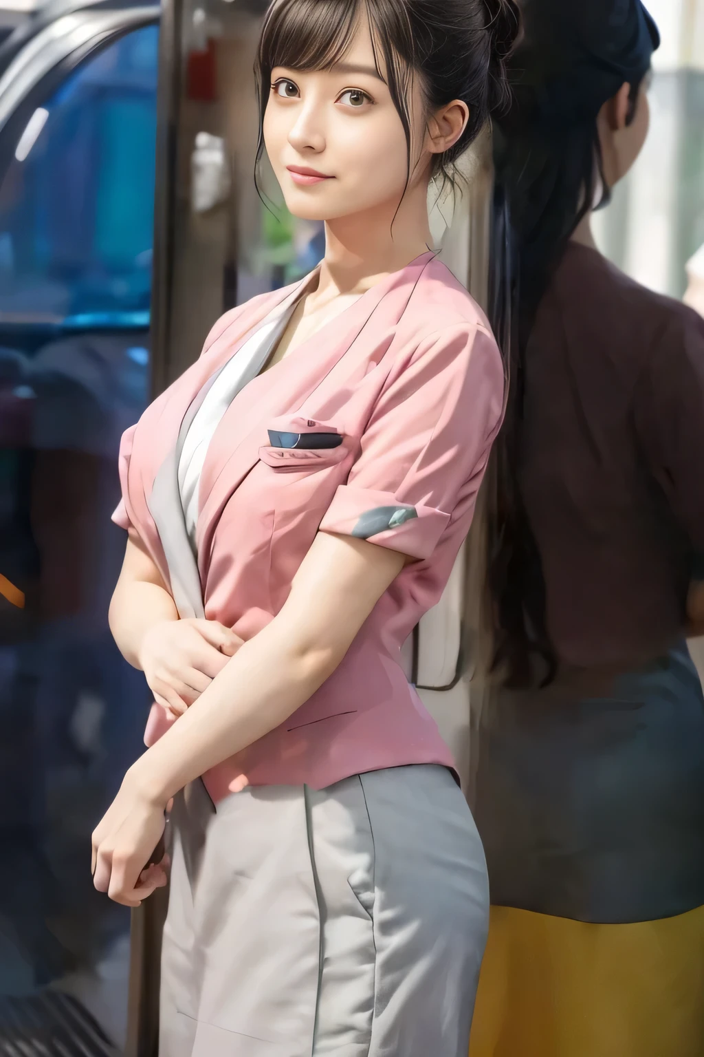 (masterpiece:1.2, highest quality:1.2), 32K HDR, High resolution, (alone、1 girl)、 (Height: 160cm)、(On the rooftop of a building in the daytime、Professional Lighting)、Building rooftop background、(Nankai train crew uniform pinkを着たリアルスタイル)、(Nankai train crew uniform pink short sleeve collarless pink jacket、Nankai Train Crew Uniform Pink Collarless Short Sleeve Blouse、Nankai Train Crew Uniform Pink Grey Knee-length Culottes)、Dark brown hair、(Hair tied up、Hair tied up、Evening curly hairstyle)、Dark brown hair、Long Shot、Big Breasts、Thin legs、((Great hands:2.0)),((Harmonious body proportions:1.5)),((Normal limbs:2.0)),((Normal finger:2.0)),((Delicate eyes:2.0)),((Normal eyes:2.0)))、smile、(Nankai Train Crew Uniform Pink Grey Knee-length Culottesを見せた美しい歩く姿)、Place your hands around your stomach、Lanyard employee ID card