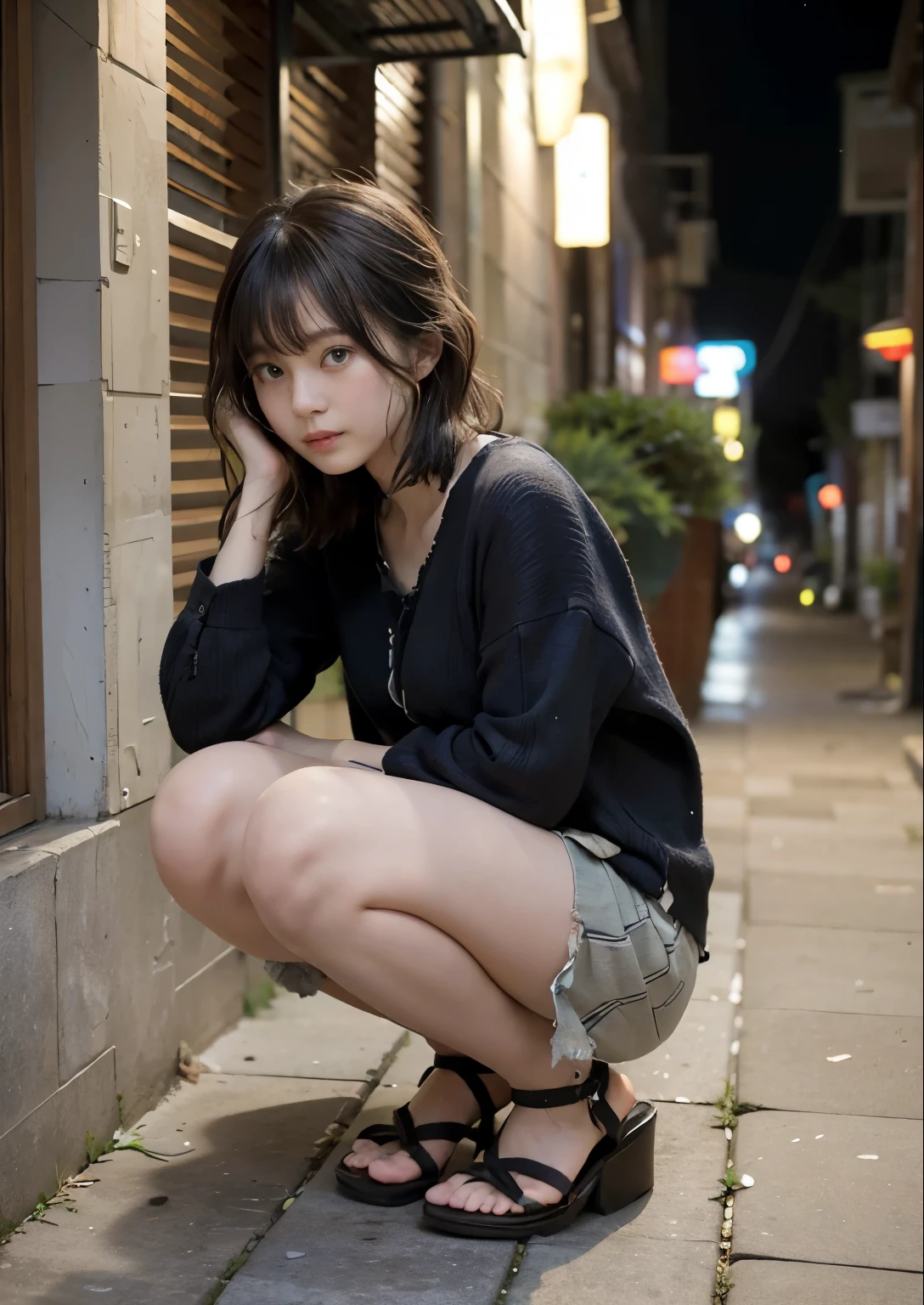 Outdoors at night、((Disheveled clothes:1.1))、Crouch down