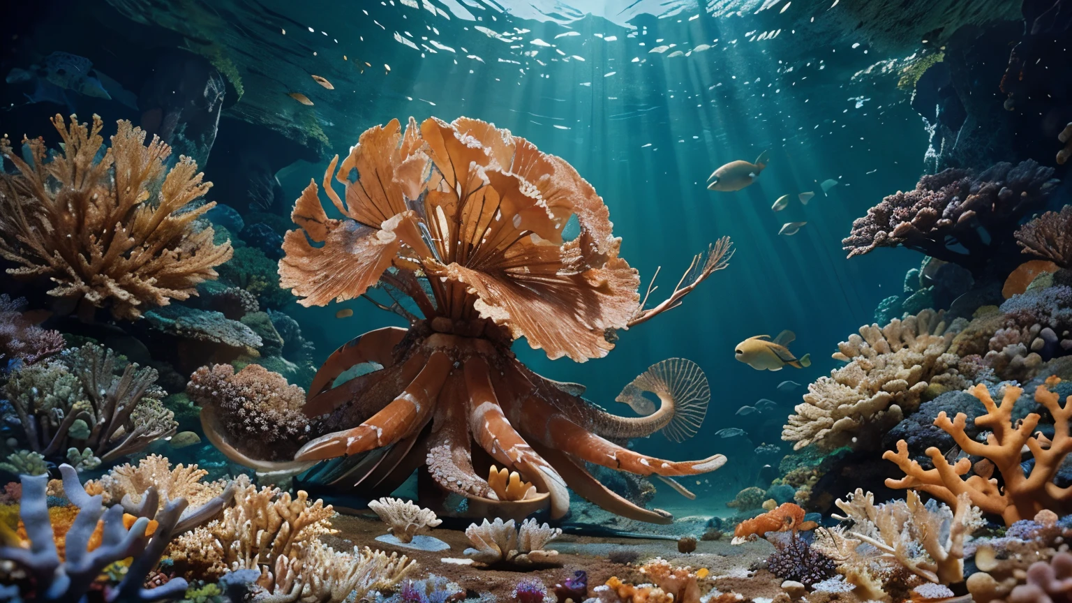 A shrimp pistol fighting a giant octopus in a detailed underwater setting, with colorful corals and exotic fish around.