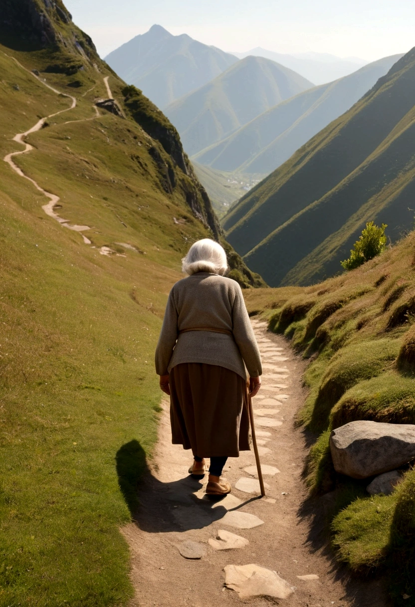 Back view of a bent-over old woman walking along a mountain path