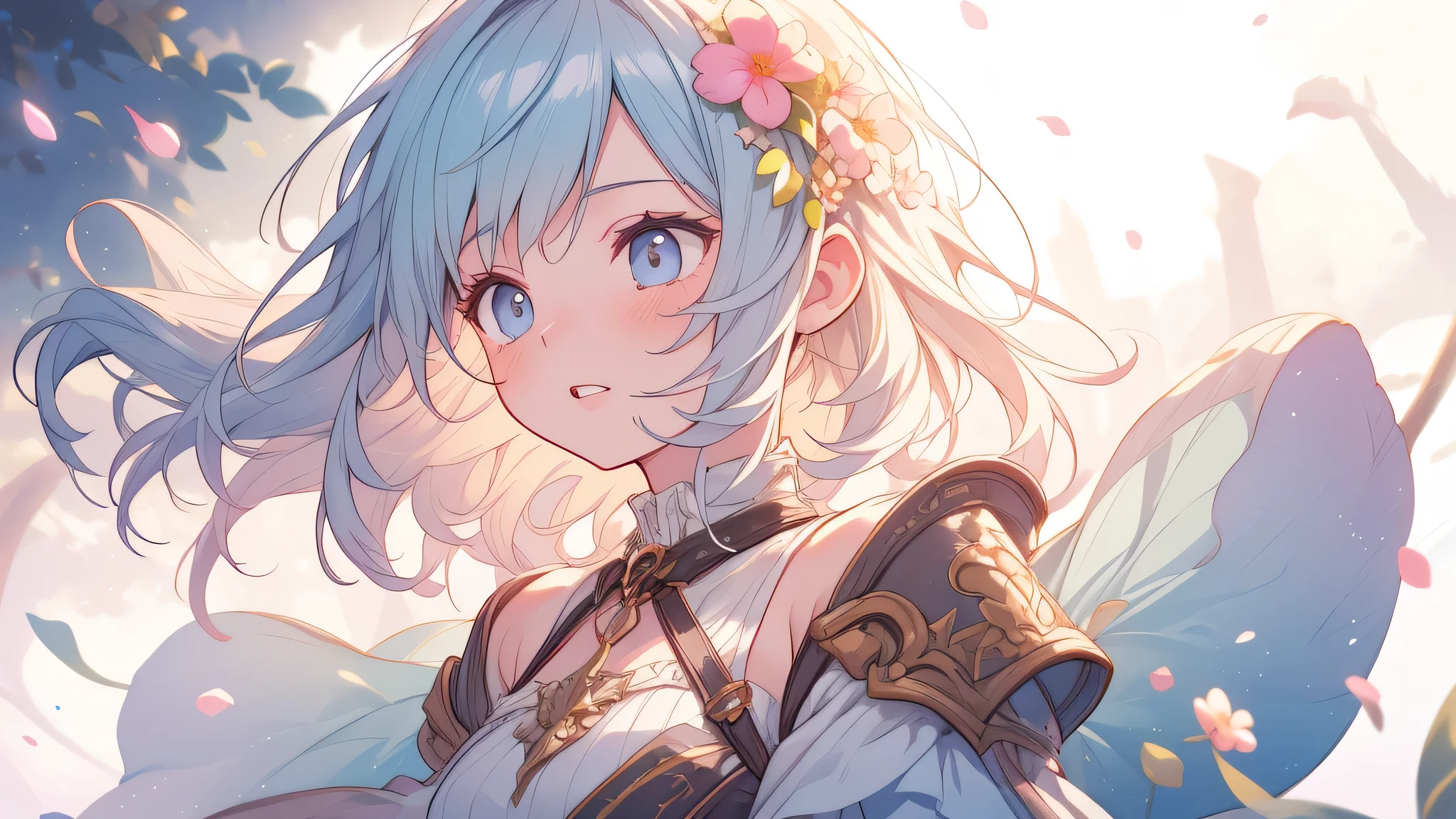 solo, a girl with pastel hair and a complementary colored dress with flowers around her neck and shoulder, with a flowers in her hair, two-tone hair, Charlie Bowater, stanley artgerm lau, a character portrait, fantasy art, (cartoon:1.3), looking away, image size 16:9