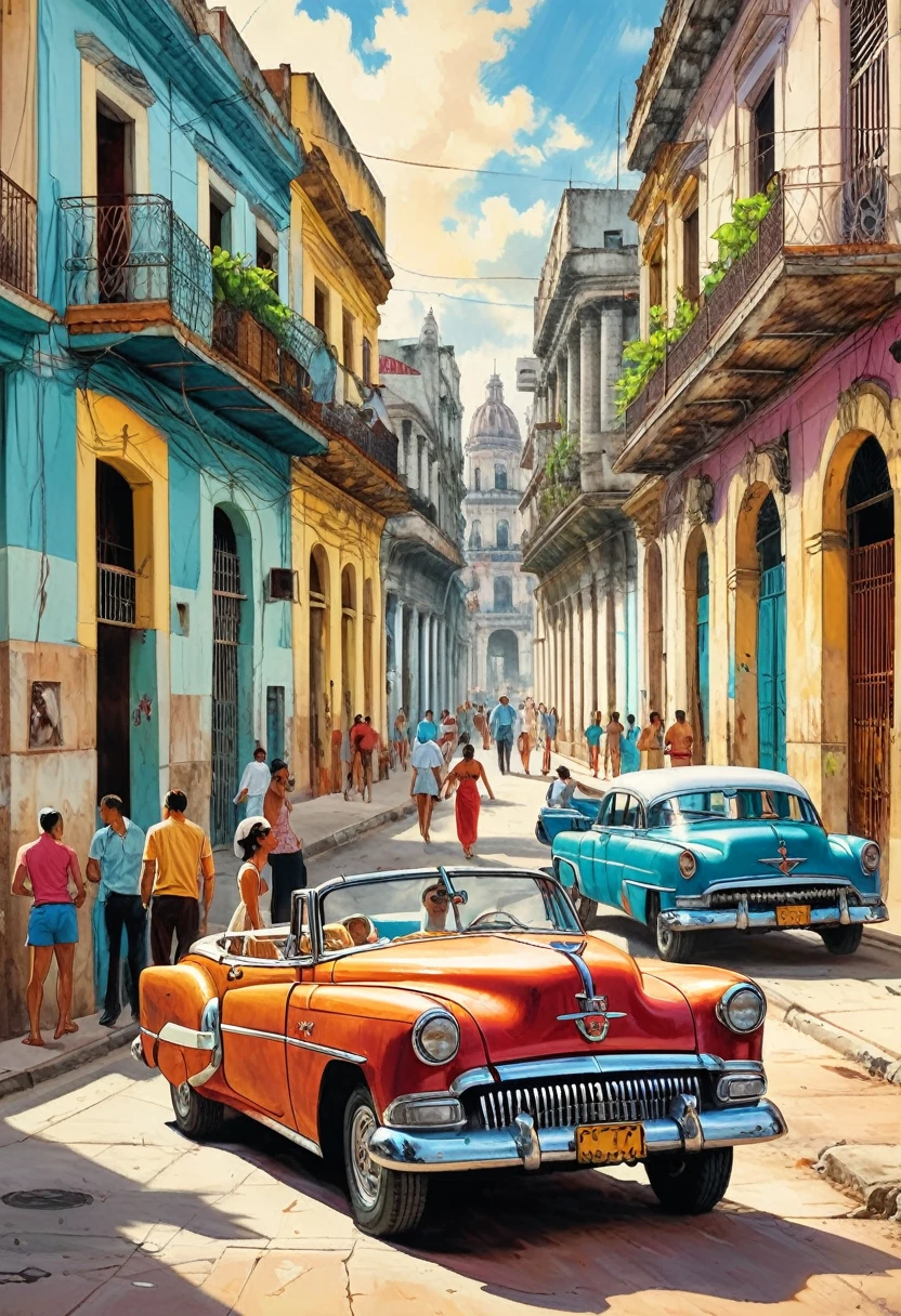 (Tyndall Effect Art of Cuba Art of Havana Cuban art canvas Print of Havana Havana:1.5), by Piotr Jabonski,(( beautiful vintage car rear view:1.5, in the background Colombian bar tables and chairs with people, warmth, happy atmosphere)), seen from behind, rear side, best quality, masterpiece, Representative work, official art, Professional, Ultra intricate detailed, 8K