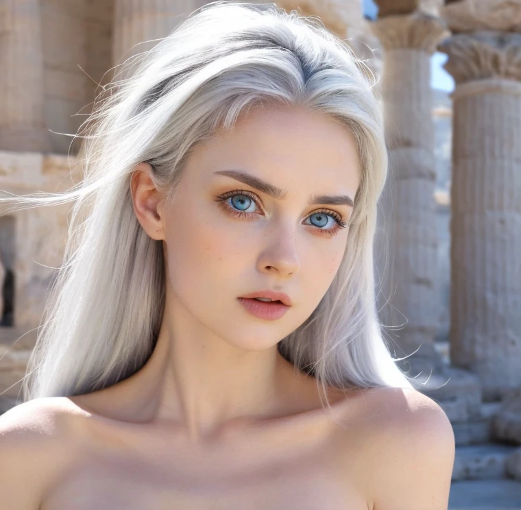 Beautiful girl, blue eyes, white hair, detailed facial traits, white ancient female greek dress, ancient greek constructions behind, naked breasts