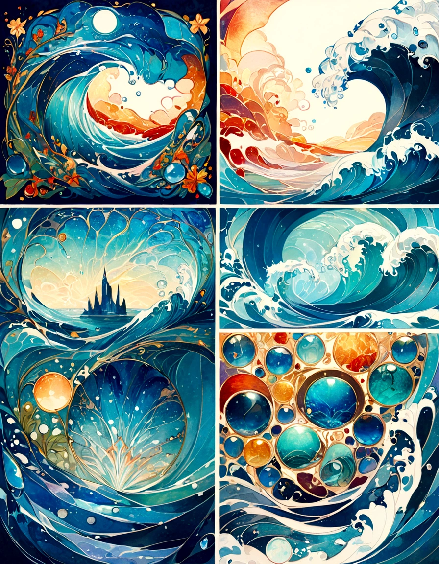 Create a series of images for the element fire inspired by the aesthetics of a detailed stained glass window with defined lines and vivid colors as fantasy. Each image should reflect the characteristics of the corresponding element, using an appropriate color palette. The element of water, Deep blues, turquoises, sea greens and sparkling whites. Incorporate elements of water and bubbles, with water leaves and wave details. Some symbol or object such as trident or a wand with a water motif.