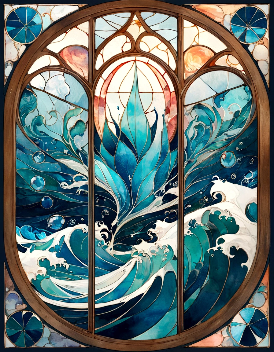 Create a series of images for the element fire inspired by the aesthetics of a detailed stained glass window with defined lines and vivid colors as fantasy. Each image should reflect the characteristics of the corresponding element, using an appropriate color palette. The element of water, Deep blues, turquoises, sea greens and sparkling whites. Incorporate elements of water and bubbles, with water leaves and wave details. Some symbol or object such as trident or a wand with a water motif.