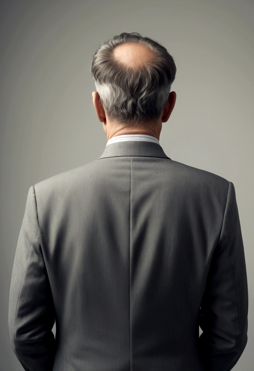 Back view of a sad middle-aged man sitting on a bench in a park during the day