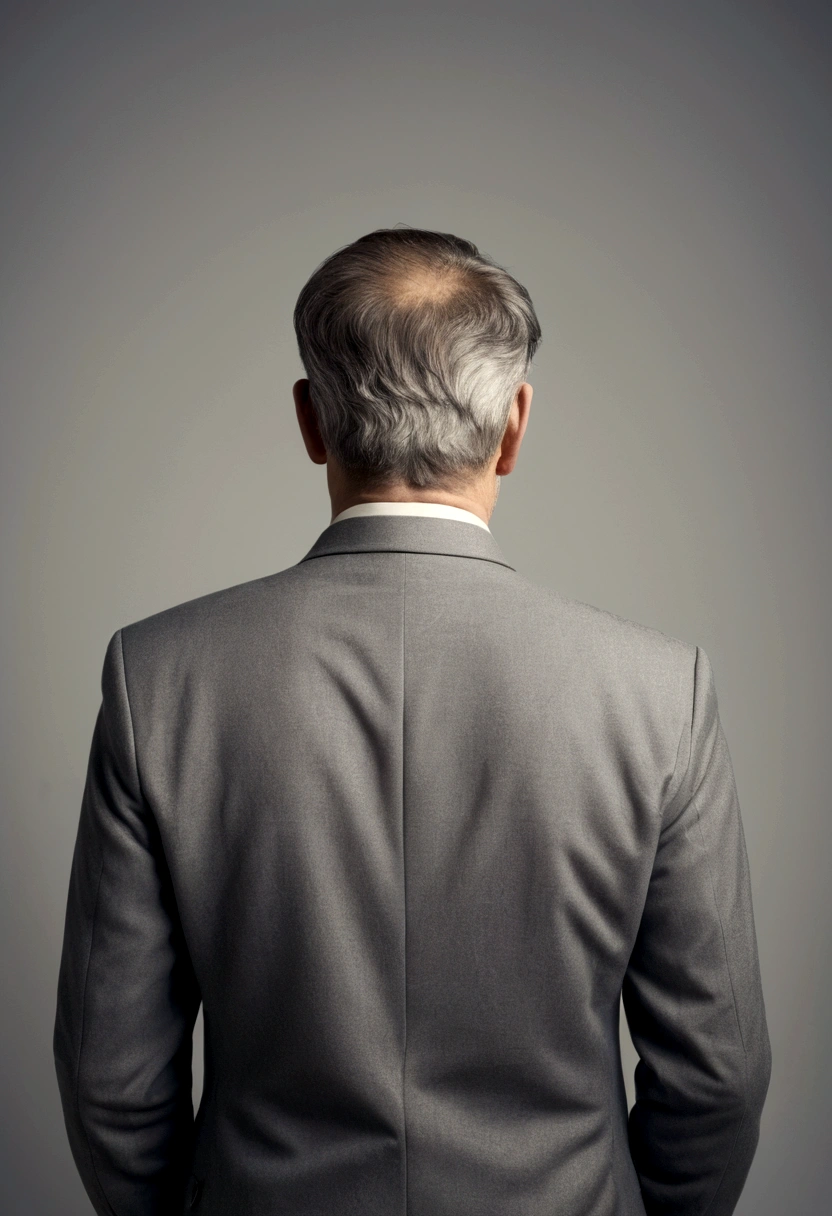 Back view of a sad middle-aged man sitting on a bench in a park during the day