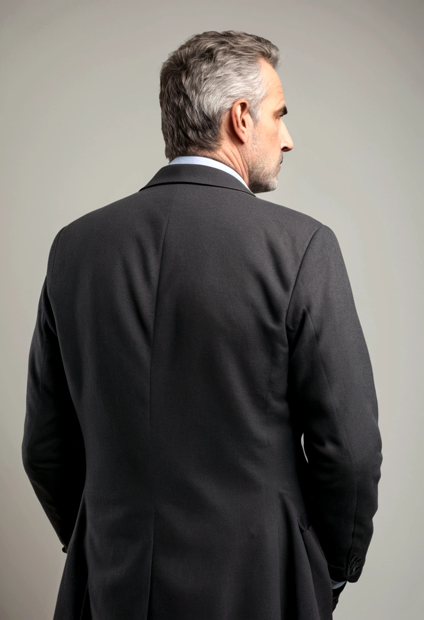 Back view of a sad middle-aged man sitting on a bench in a park during the day