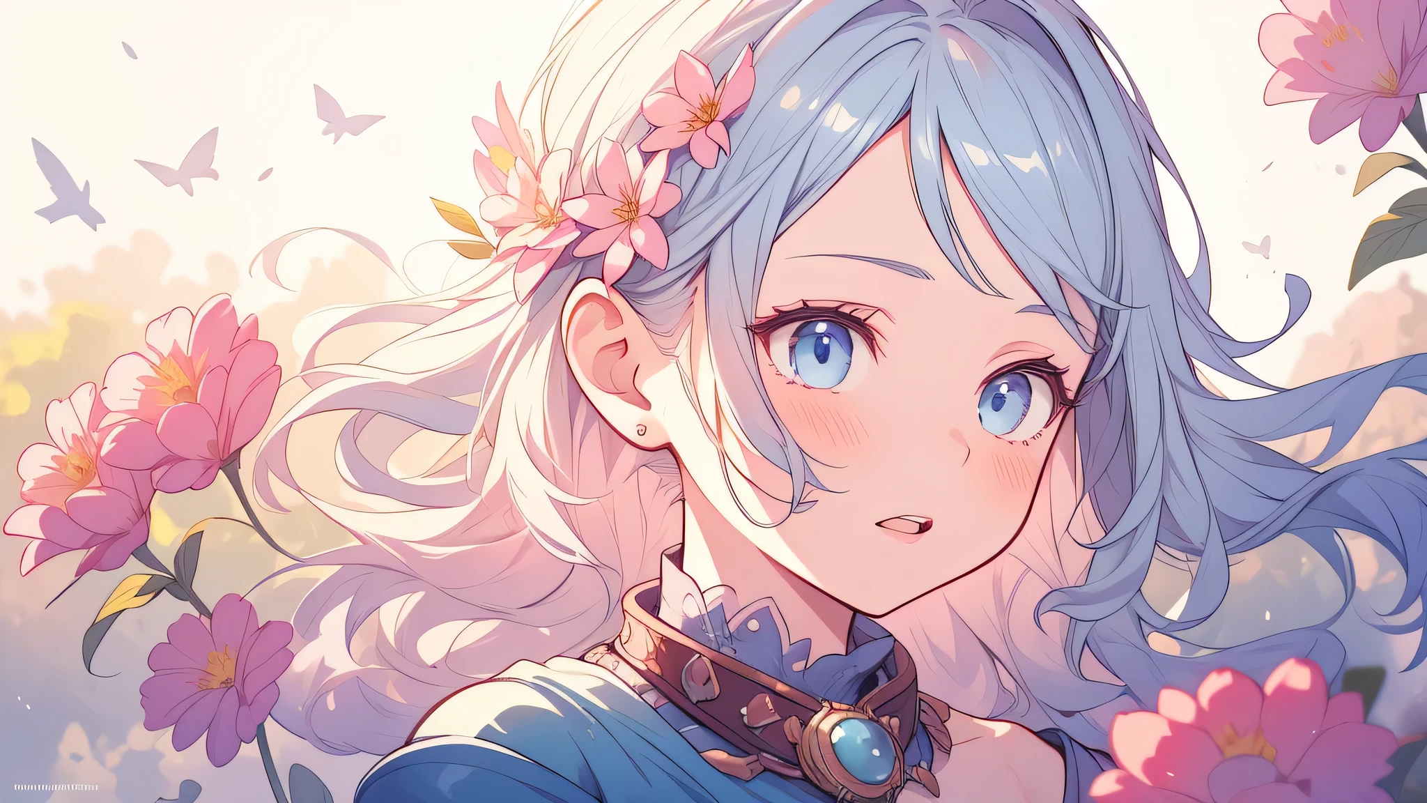 solo, a girl with pastel hair and a complementary colored dress with flowers around her neck and shoulder, with a flowers in her hair, two-tone hair, Charlie Bowater, stanley artgerm lau, a character portrait, fantasy art, (cartoon:1.3), looking away, image size 16:9