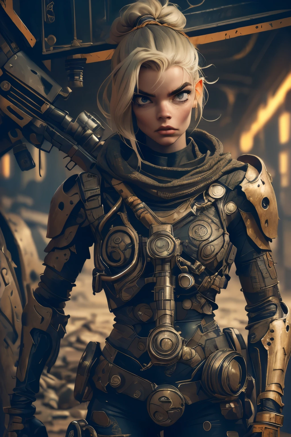 (((mulher))), (((melhor qualidade))), (((obra prima))), (((adulto))), (((1girl))), ((( corte de cabelo bob ))), A highly detailed and realistic skull girl,( Anya. Taylor Joy) cyberpunk character, mad max furiosa, one hand robot, cyborg arm, orange hair, dramatic metal heavy rock theme, best quality, 8k, hyperrealistic, photorealistic, extreme detailed painting, studio lighting, vivid colors, dark moody atmosphere, cinematic, dramatic pose, intricate mechanical details, glowing energy effects, intense gritty textures, seamless integration of organic and inorganic elements. Wearing the used clothes of a wastelander. Background: An apocalyptic wasteland. Dusty and depressing., sexy pose, walking
