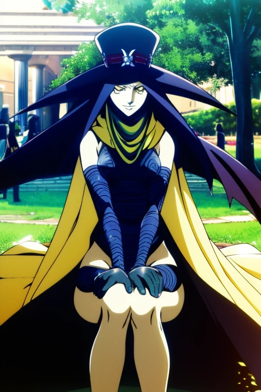 Scathach, solo, female, shin megami tensei, hat, flower tattoo, (cape 2.0) gloves, white skin, (yellow eyes 1.1), flowing, sitting, shirt, smile, park, city