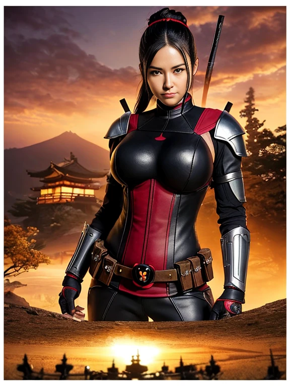 (masterpiece, top quality, best quality, official art, beautiful and aesthetic:1.2), (LadyPool:1.3), dark brown hair in a tight bun, extremely detailed, portrait, looking at viewer, solo, (full body:0.6), detailed background, close up, (warm summer Feudal Japan theme:1.1), samurai, charlatan, mysterious, standing in a garden, samurai armor, samurai helmet, crest, pauldrons, hip armor, breastplate, greaves, bracers, gloves, katana, banner, metal, black leather, breeches, leggings, loose pants, bracers, armor, gauntlets, boots, buckles, straps, ((((breasts)))), slim waist, slim hips, long legs, sunset, Feudal Japan, Mount Fuji, (Japanese garden exterior:1.1) background, dark mysterious lighting, shadows, magical atmosphere, dutch angle,