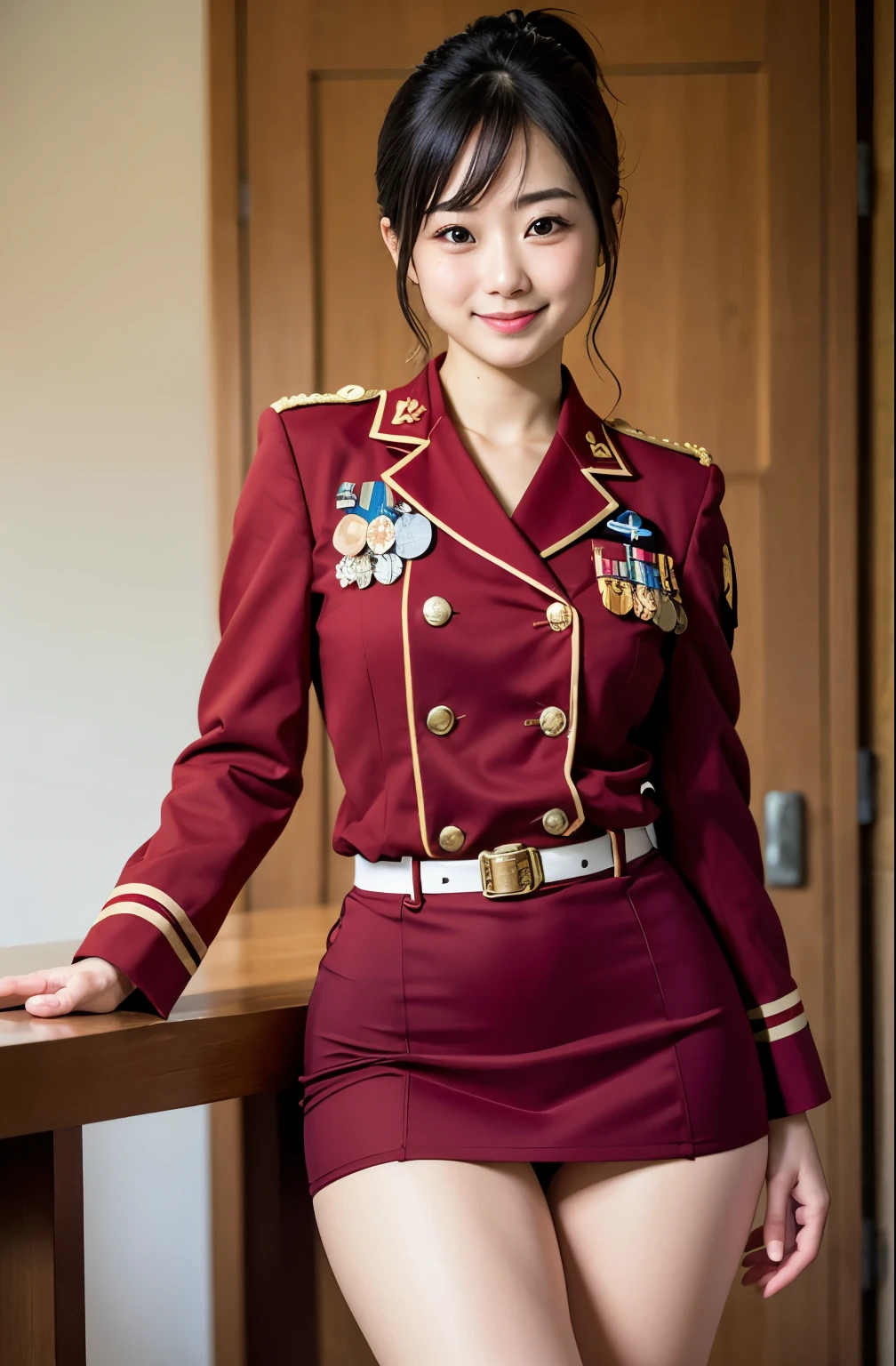 Actual Photos、Highest imYear quality、Realistic、Beautiful woman、白いpantiesとBeautiful thighs、Beautiful Face、real imYear、Federal Army Uniform Miniskirt、panties、ponytail、Yuriko Yoshitaka、16Year日本人女性、Zuo々Ki Nozomi:1.4、pretty girl、ピンクのpantiesーが見える、1６Year、（白いpantiesー:1.3）、Ultra mini skirt、Beautiful thighs、ピンクのpantiesー、赤いミニスカートがめくれてピンクのpantiesーが見えてる