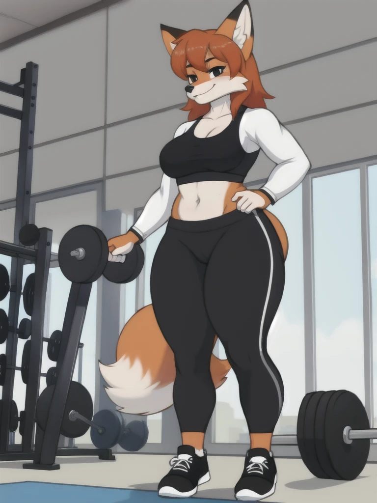 Furry, fox, female, white shirt, black leggings, shoes, gym, teen, full body