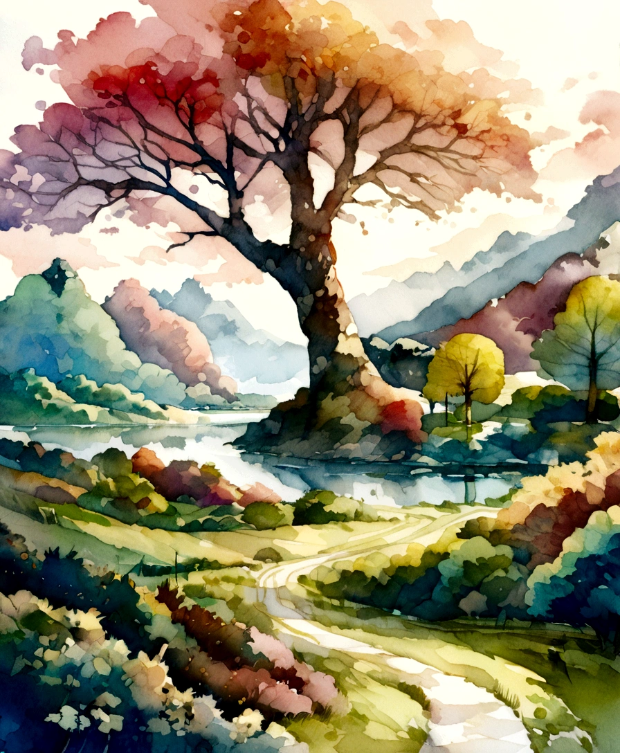 Hyper detailed, ultra high resolution, watercolor illustration of the countryside in mid fall, lush colors, brilliant landscape, dreamy atmosphere, light bloom