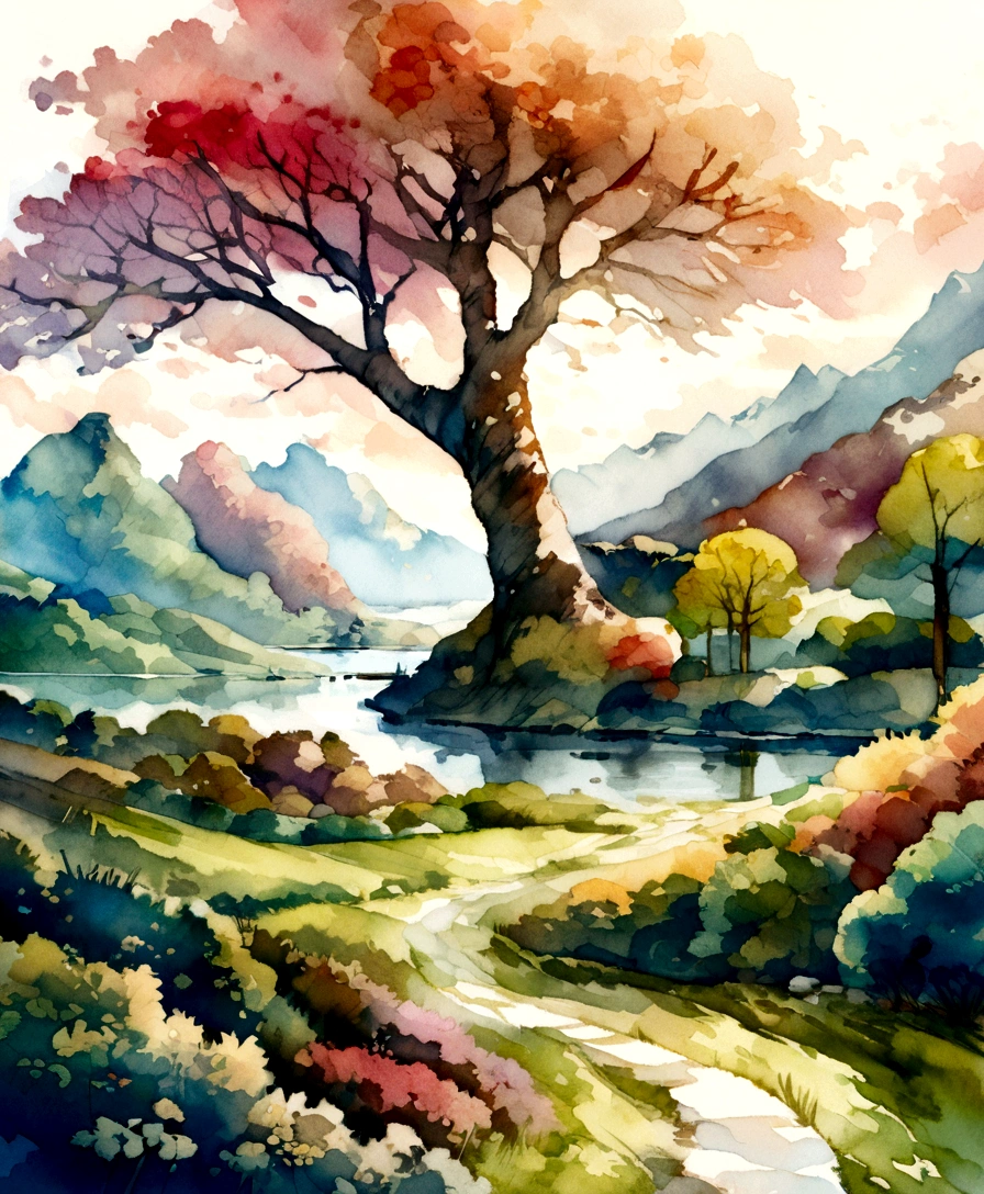 Hyper detailed, ultra high resolution, watercolor illustration of the countryside in mid fall, lush colors, brilliant landscape, dreamy atmosphere, light bloom