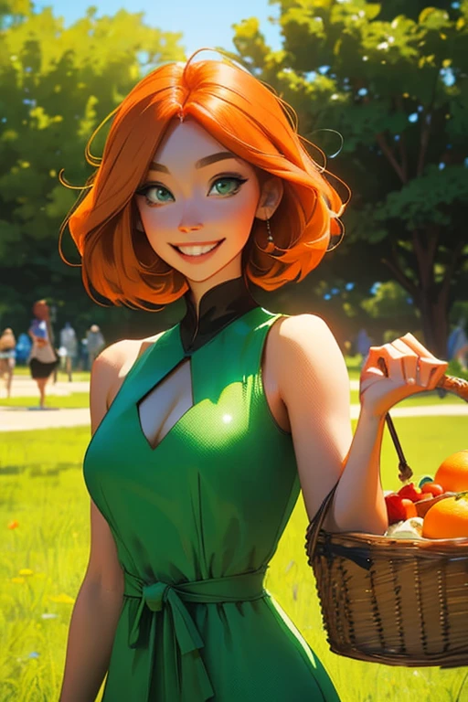 an orange haired female reaper with green eyes with an hourglass figure in a cute summer dress is picnicking in the park with a smile