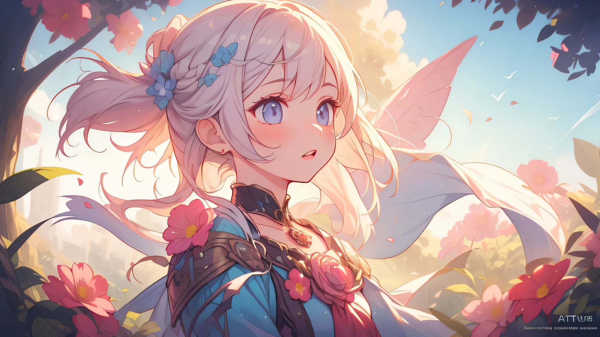 solo, a girl with pastel hair and a complementary colored dress with flowers around her neck and shoulder, with a flowers in her hair, two-tone hair, Charlie Bowater, stanley artgerm lau, a character portrait, fantasy art, (cartoon:1.3), looking away, image size 16:9