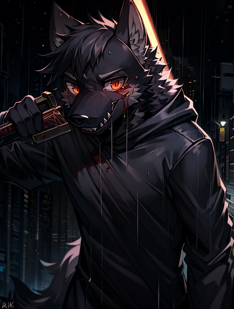 4k，excellent work，Raining background，street，Street Lights，A wolf，Wearing a black trench coat，Wearing a black mask，With a long knife，blood，Staring at the audience，horrible，Black-gray hair，With blood，Character Focus。