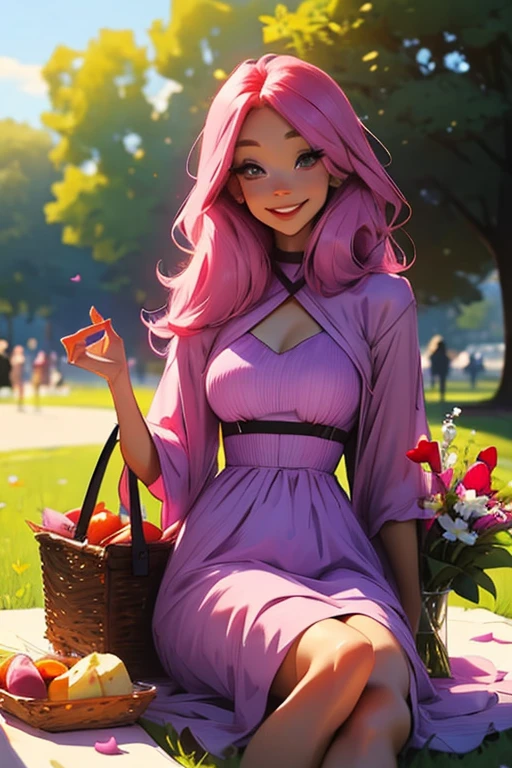a pink haired female reaper with violet eyes with an hourglass figure in a cute summer dress is picnicking in the park with a smile