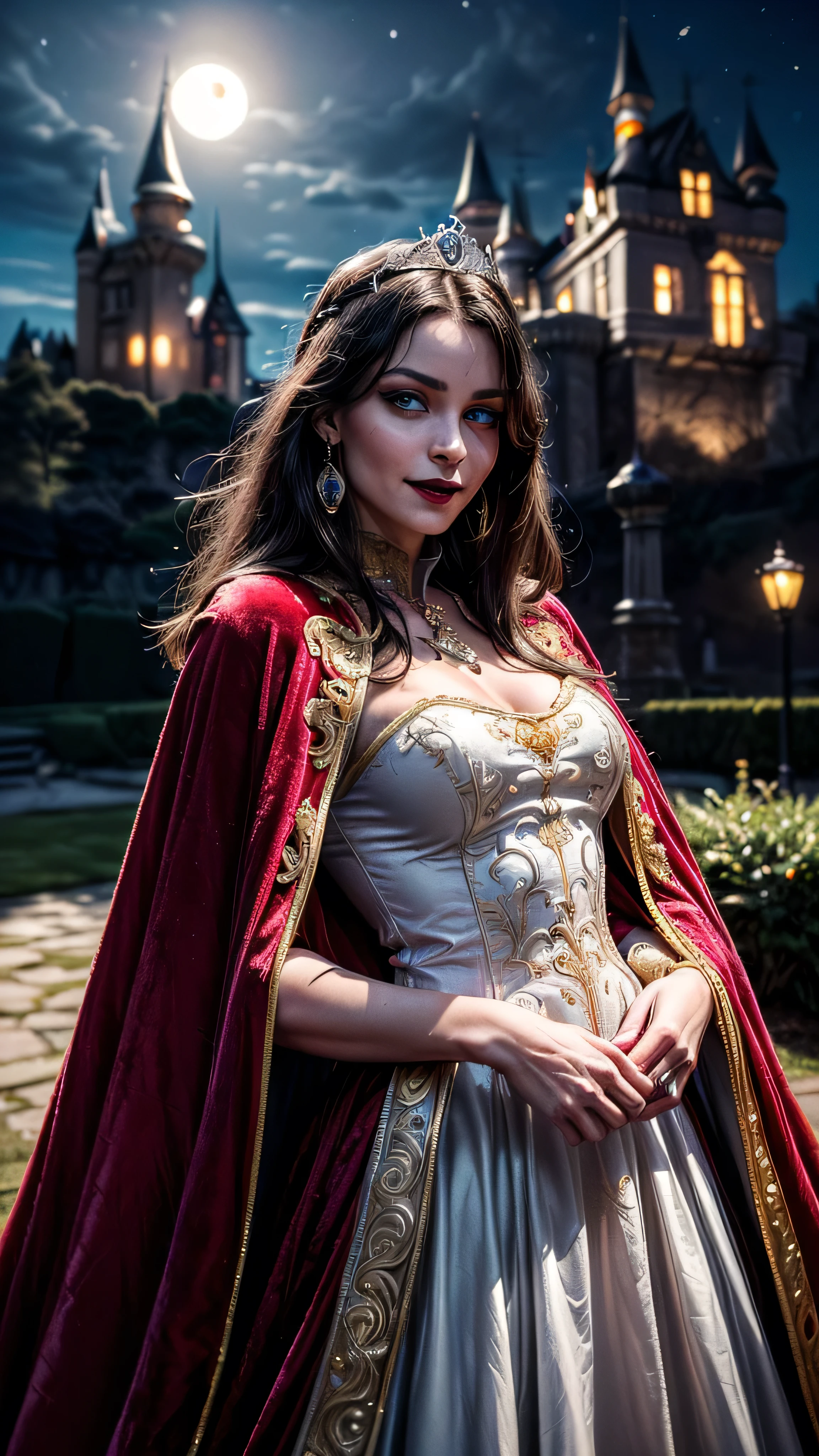 ((best quality: 1.5, intricate:1.3, masterpiece, photorealistic:1.4)), sharp focus, professional, real life, realistic representation of the face, ((detailed, athletic, suntan, ((((maroon velvet cape) chinoiserie renaissance ball gown, portrait)), queen, black chrome tiara, silver, onyx necklace, onyx earrings, humid ((supermodel))), makeup:0.6, glowing iceblue eyes, long straight hair [bright ginger hair:black hair:0.4], smirking, smirk, shadows, black lips, outdoors, faraway castle, dark, night, moonlight)), professional lighting, photon mapping, radiosity, physically based rendering, ultra resolution, hyper-realistic, hyper-realistic, 8K
