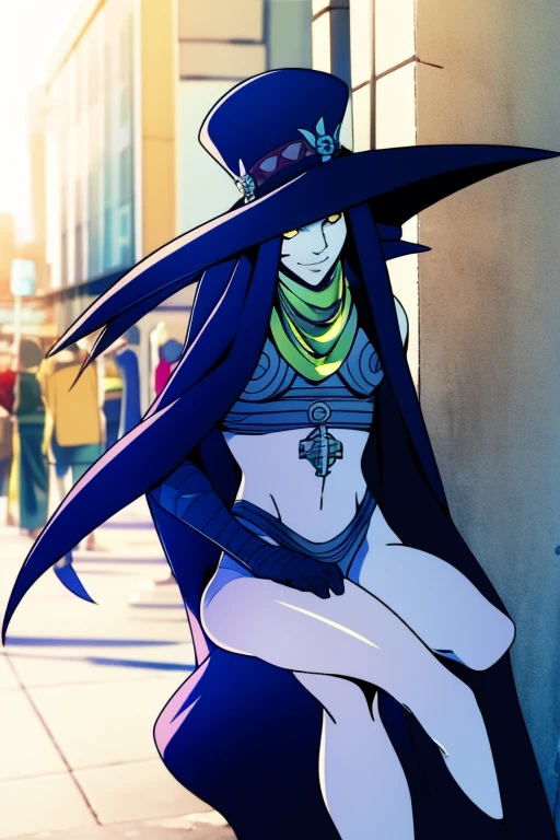 Scathach, solo, female, shin megami tensei, hat, flower tattoo, (cape 2.0) gloves, white skin, (yellow eyes 1.1), flowing, sitting, shirt, smile, sidewalk, city