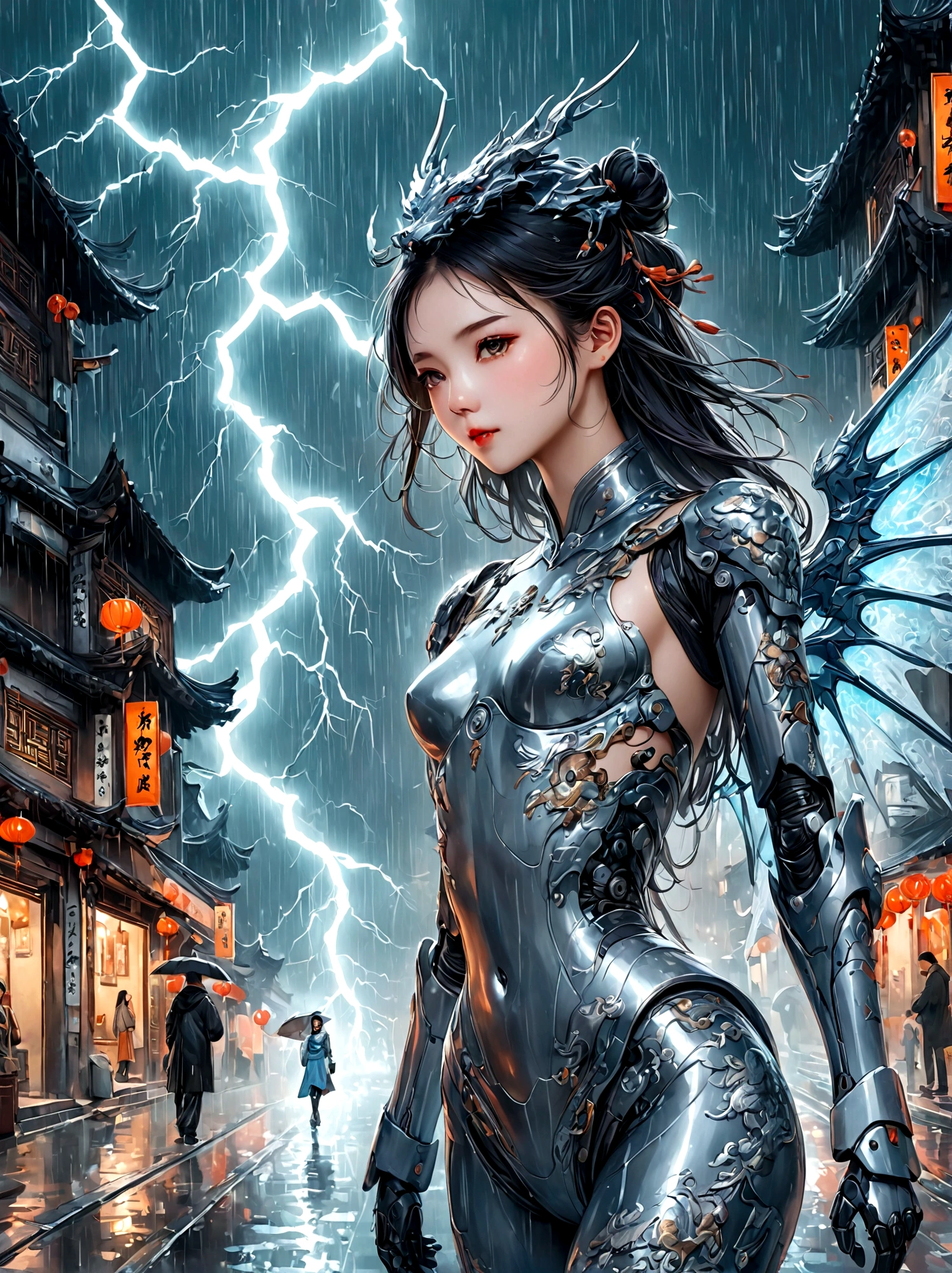 Chinese style master work,(best quality, 4k, high resolution, masterpiece:1.2),Super detailed,lifelike,shining,Traditional Chinese ink painting, Willow branches, Wu Changshuo, ((masterpiece)), best quality, illustration, 1 girl, Small Breasts, Beautiful and delicate eyes, Beautiful and detailed cyberpunk city, flat chest, Beautiful and fine hair, curls, Beautiful detailed streets, Mecha clothes, Robot girl, cool movement, Silver tights, (Filigree), Dragon Wings, Color Background, A dragon stands behind the girl, rain, (Lightning Effect), Exquisite and detailed silver dragon armor, (Cold Face),work,Dazzling colors,Stunning visuals,otherworldly appearance,Fascinating artistry,Focus on your audience, First-person perspective, Anatomically correct, precise, 8K