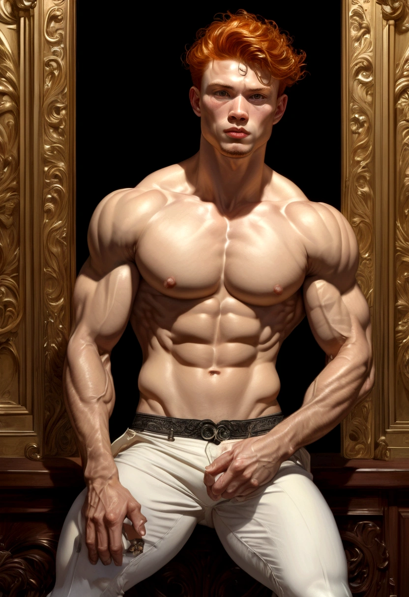 fullbody, oil painting A young man, ginger, masculine gaze, white skin, thin face, straight nose, thin lips, square chin, large black eyes, short black wavy hair, in roberto ferri style, aesthetic hairy athletic body, slightly bearded, realistic skin, gorgeous, tonned muscles, barefoot,  perfect anatomy, muscled fitness body,  In artistic style of leng jun , he is sitting by the entrance of fancy platation house in luisiana in leyendecker+rockwell+chabas style