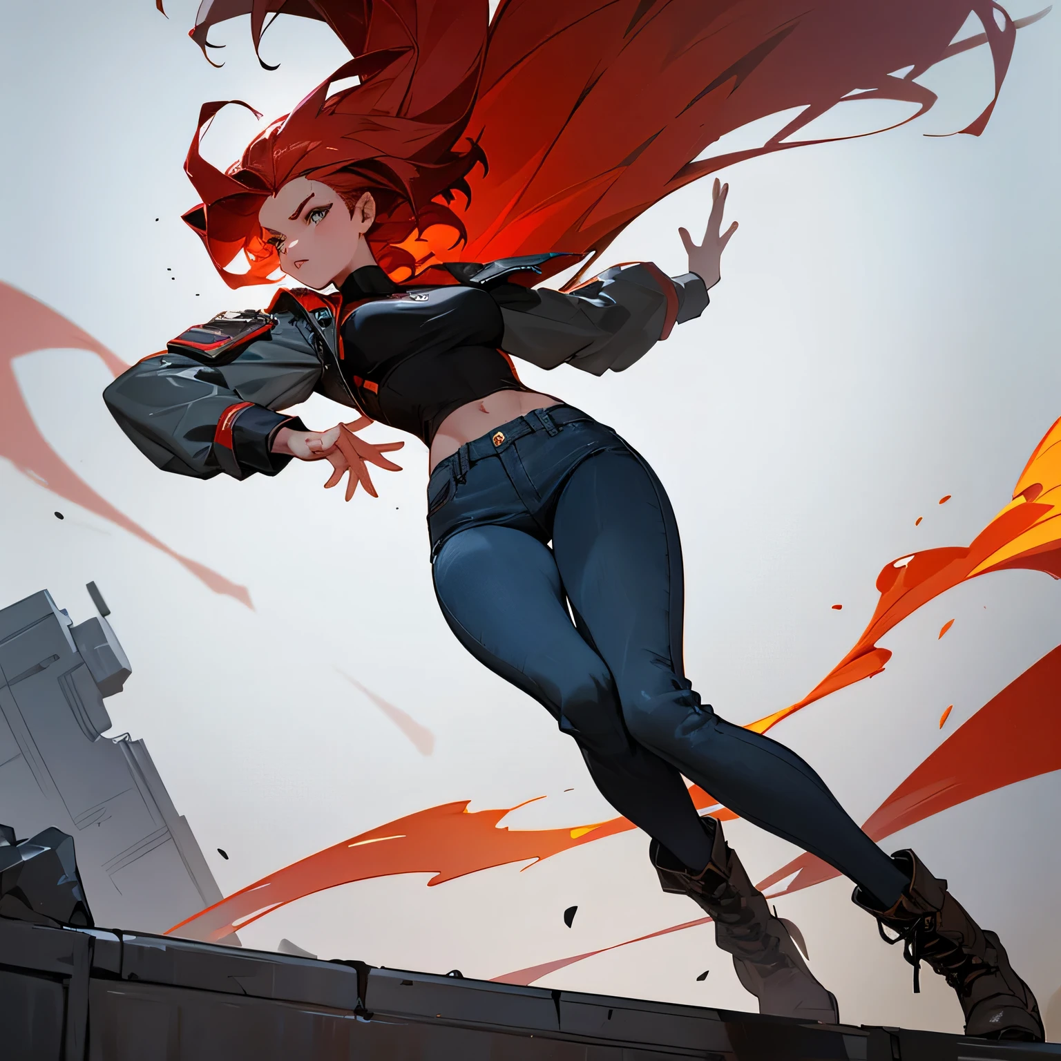 a 28-year-old woman with fiery red hair that falls just above her shoulders. She stands at 5'5" tall and has a toned, athletic build, showcasing her prowess as a skilled rebel. Her outfit consists of a gray skin-tight top that enhances her athletic figure, combined with a pair of faded black jeans and a pair of durable combat boots.
