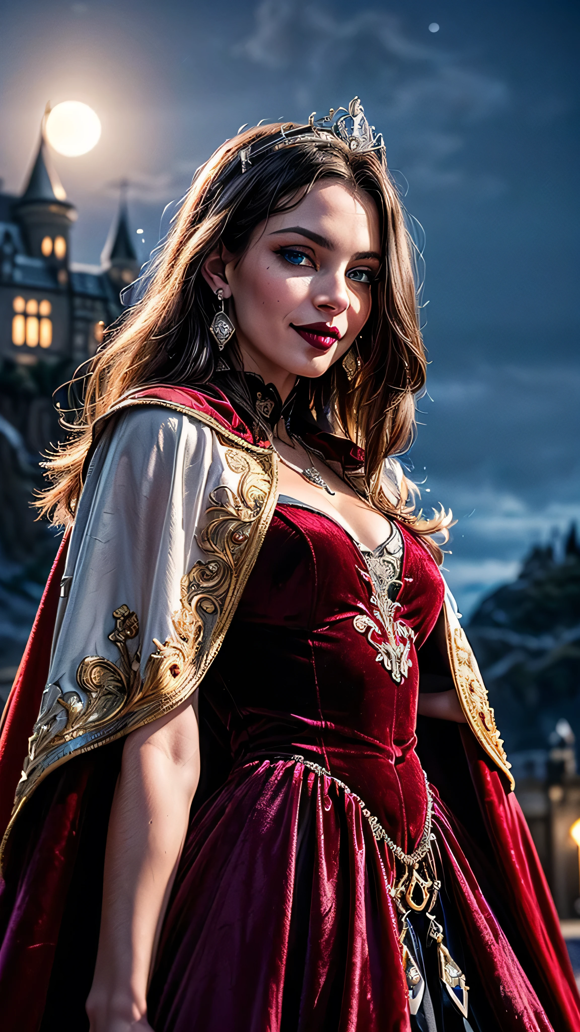 ((best quality: 1.5, intricate:1.3, masterpiece, photorealistic:1.4)), sharp focus, professional, real life, realistic representation of the face, ((detailed, athletic, suntan, ((((maroon velvet cape) chinoiserie renaissance ball gown, portrait)), queen, black chrome tiara, silver, onyx necklace, onyx earrings, humid ((supermodel))), makeup:0.6, glowing iceblue eyes, long straight hair [bright ginger hair:black hair:0.4], smirking, smirk, shadows, black lips, outdoors, faraway castle, dark, night, moonlight)), professional lighting, photon mapping, radiosity, physically based rendering, ultra resolution, hyper-realistic, hyper-realistic, 8K
